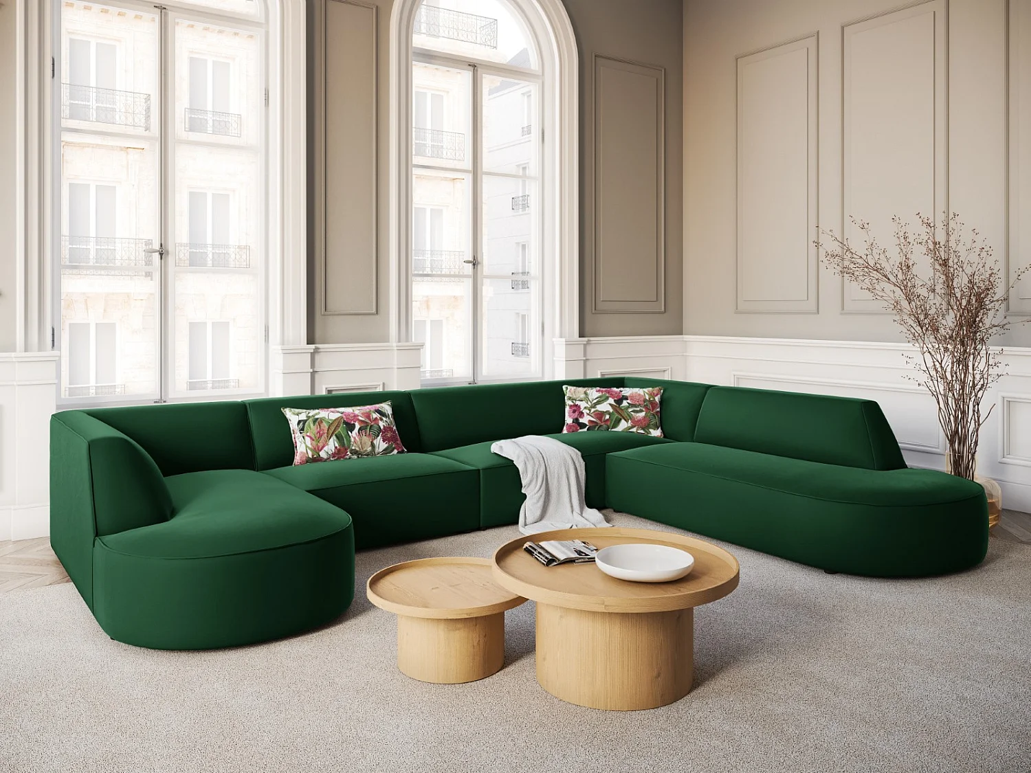 CXL by Christian Lacroix - 7-Sitzer Panoramasofa rechts "Charles" Sitzer aus Samt grün - 366x273x69cm