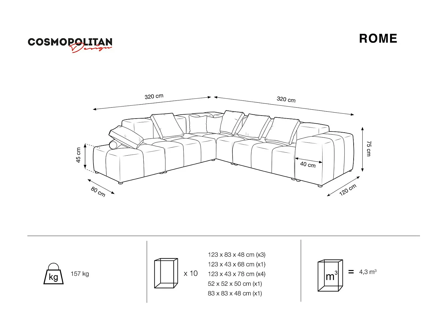 Cosmopolitan Design - Sofá de canto modular simétrico "Rome" 7 lugares em tecido estrutural preto - 320x320x75cm