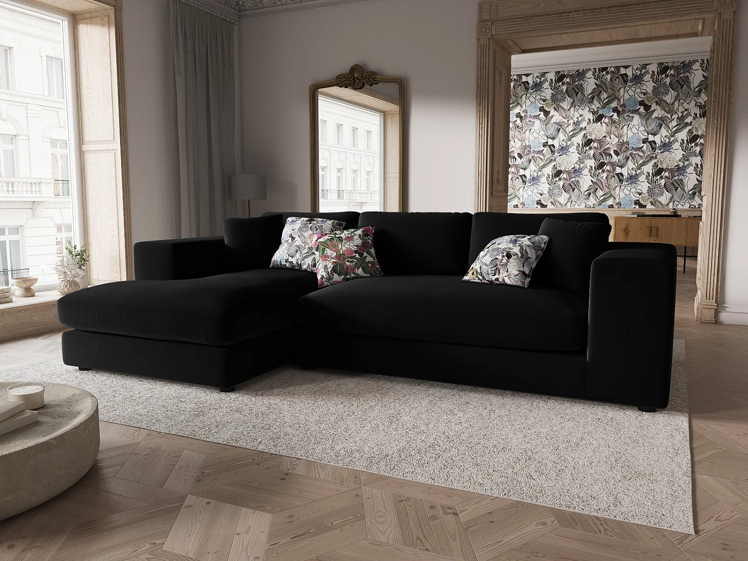 CXL by Christian Lacroix - Linker hoekbank "Tendance" 5 zitplaatsen, Flueel, Zwart - 282x174x72cm