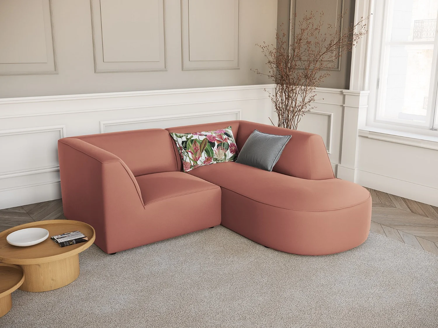 CXL by Christian Lacroix - Canapé d'angle droit "Charles" 3 places en velours rose - 186x180x69cm