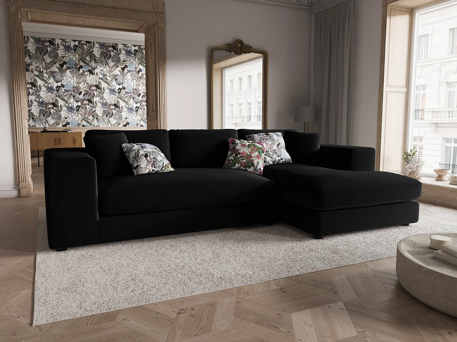 CXL by Christian Lacroix - Rechter hoekbank "Tendance" 5 zitplaatsen, Flueel, Zwart - 282x174x72cm