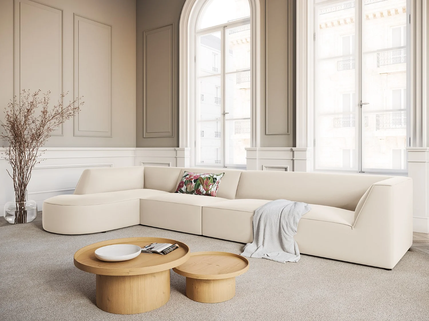 CXL by Christian Lacroix - Linker hoekbank "Charles" 5 zitplaatsen, Flueel, Beige - 366x180x69cm