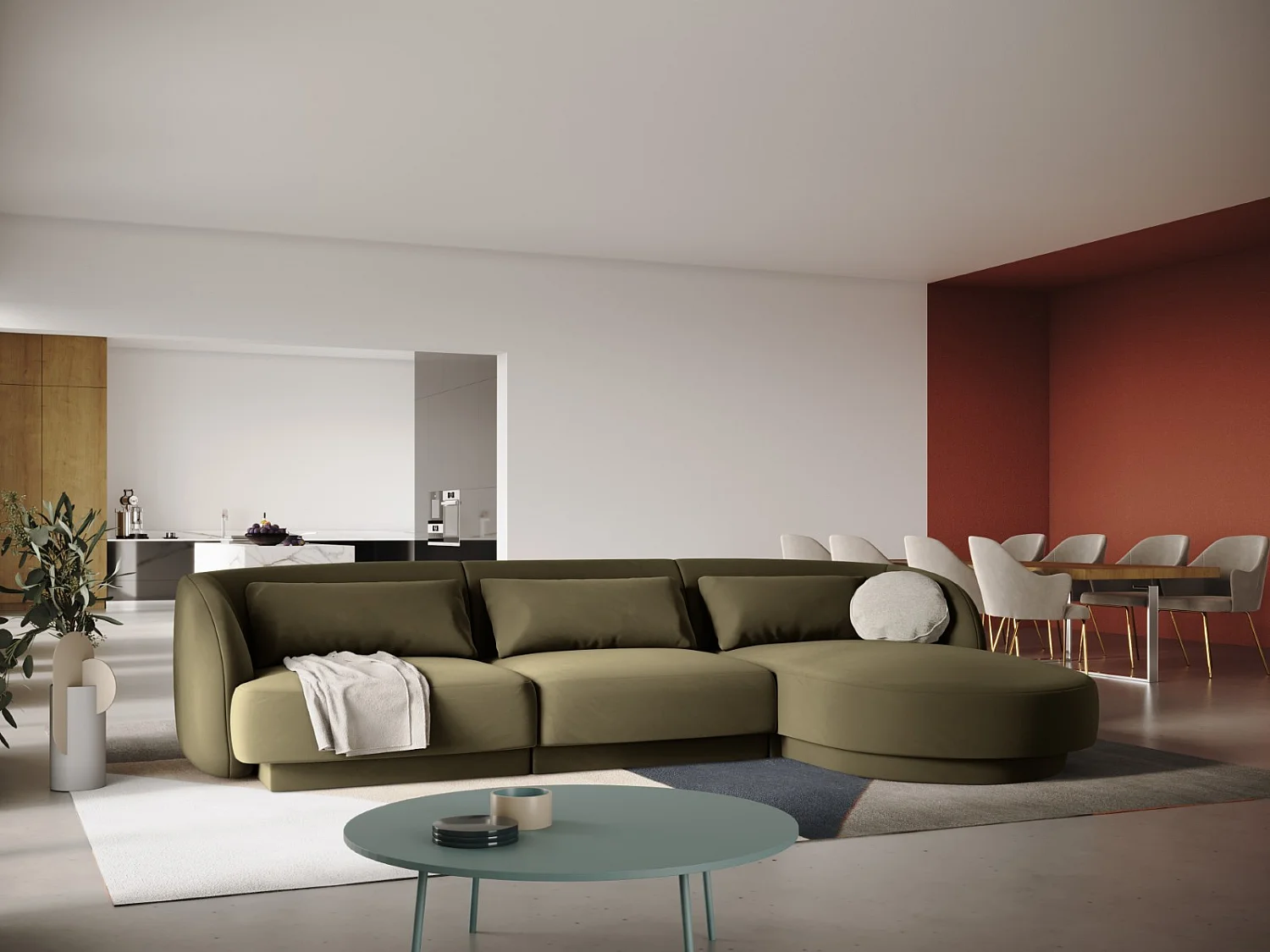 Cosmopolitan Design - 4-Sitzer Ecksofa rechts "Tulum" aus Samt grün - 255x156x70cm