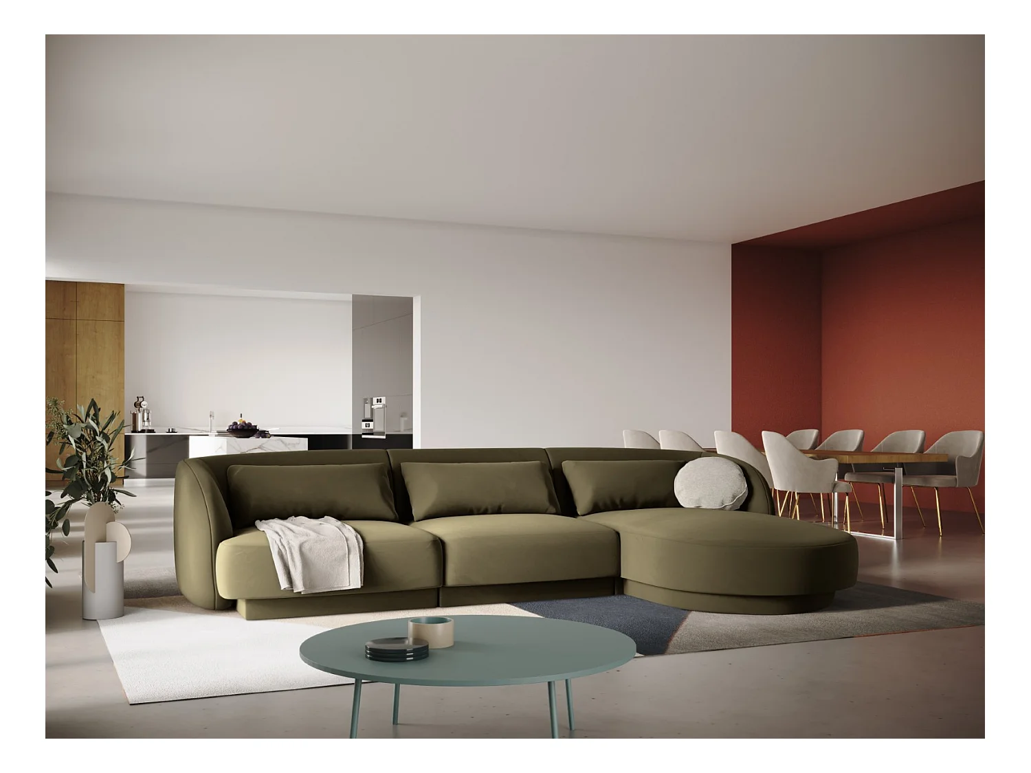 Cosmopolitan Design - Canapé d'angle droit "Tulum" 4 places en velours vert - 255x156x70cm