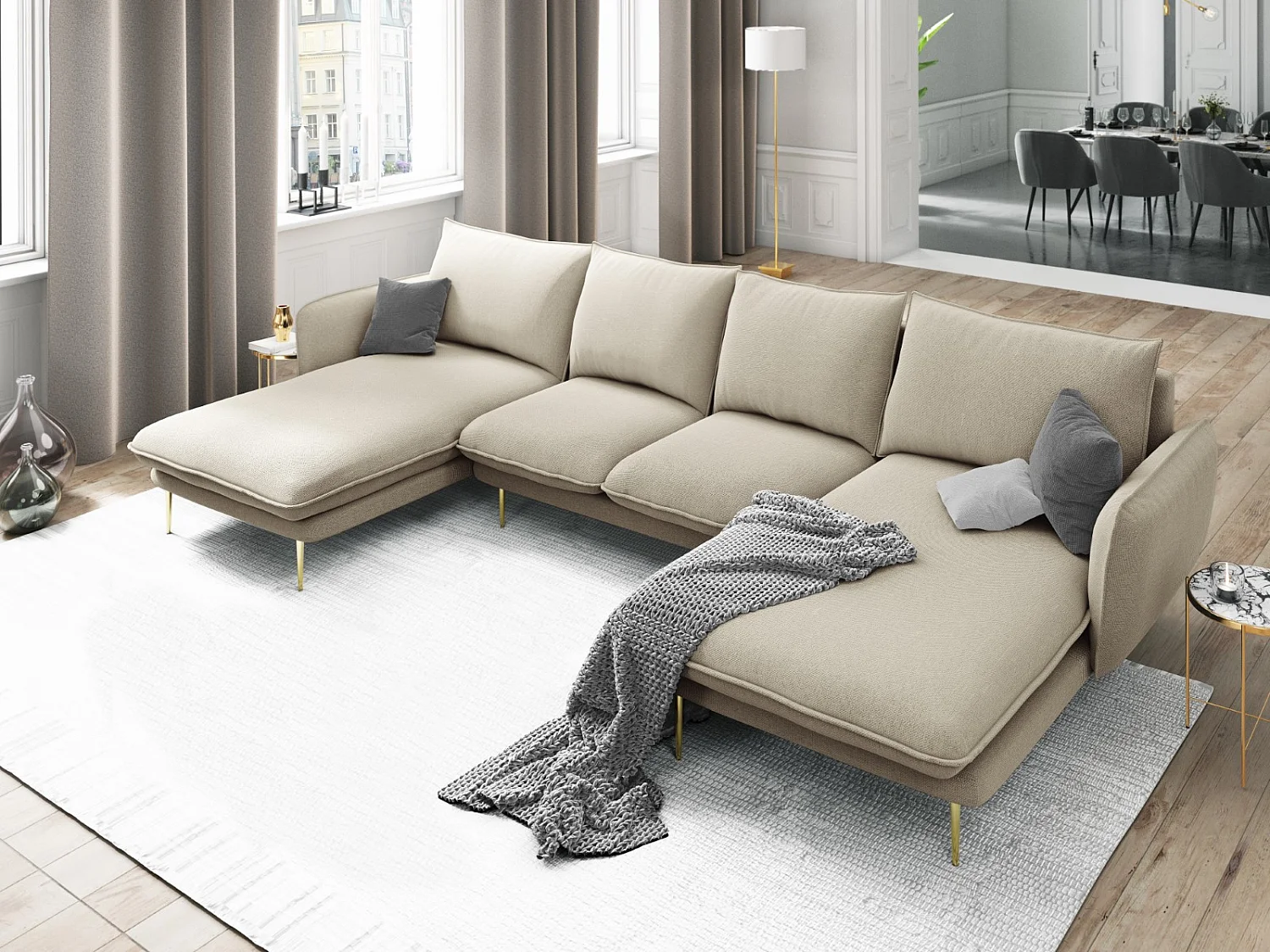Cosmopolitan Design - Divano panoramico "Vienna" 6 posti in tessuto strutturato beige - 350x170x95cm