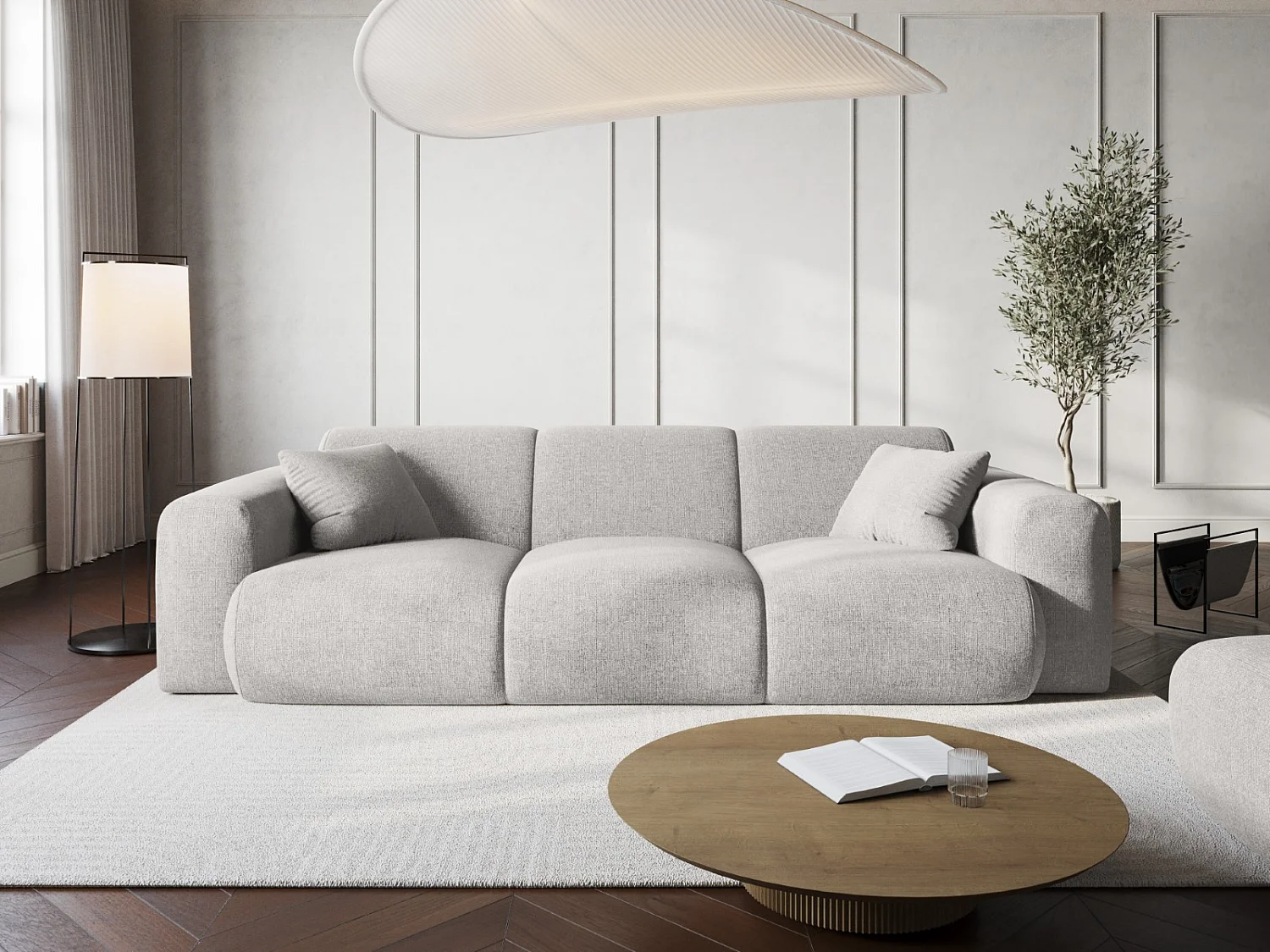 Cosmopolitan Design - Sofá "Nolio" 3 lugares em tecido chenille cinza claro - 235x95x72cm