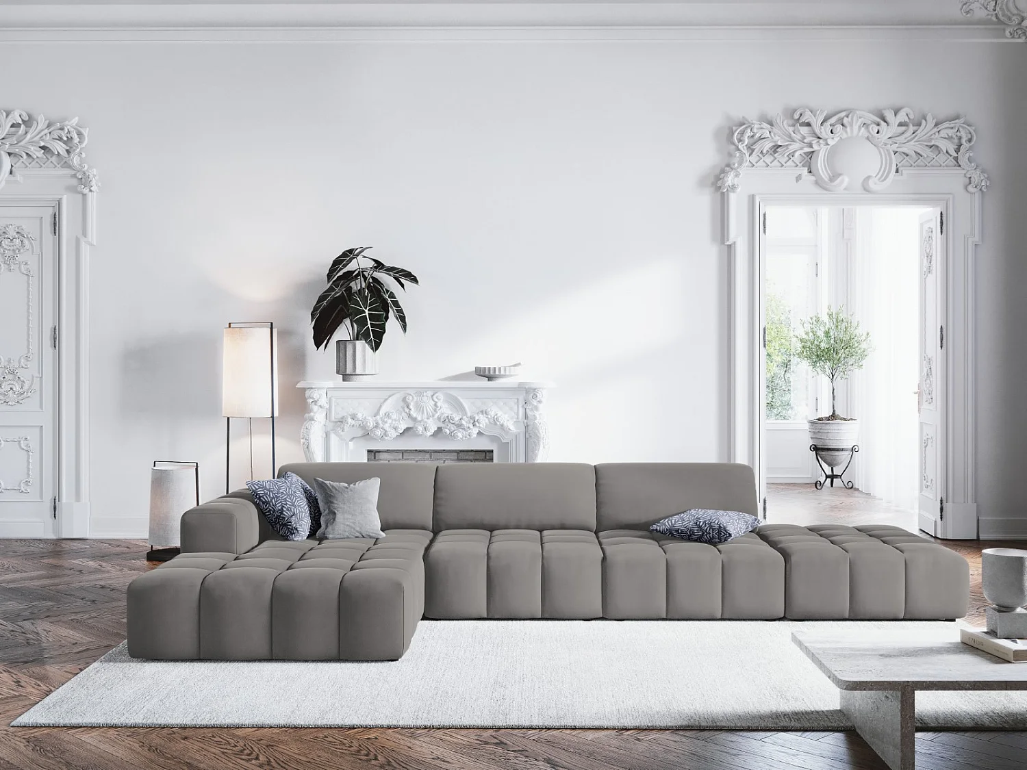 CXL by Christian Lacroix - 5-Sitzer Ecksofa links "Luc" Sitzer aus Samt hellgrau - 341x166x70cm