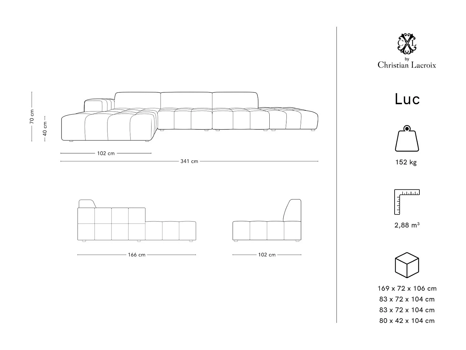 CXL by Christian Lacroix - 5-Sitzer Ecksofa links "Luc" Sitzer aus Samt hellgrau - 341x166x70cm