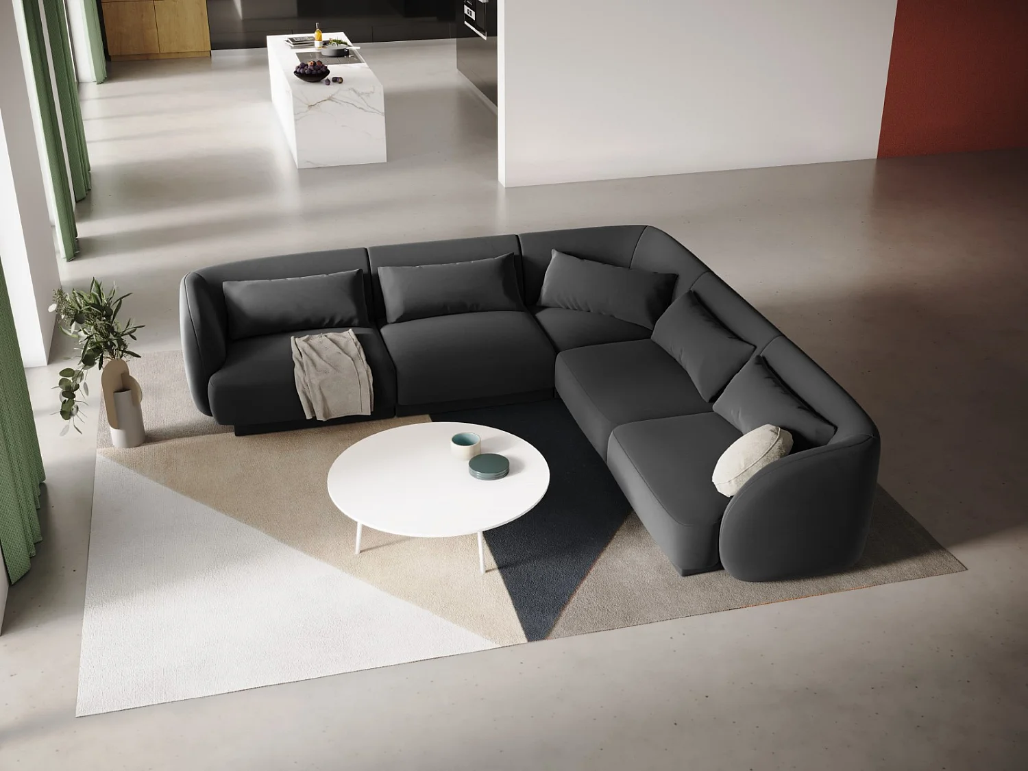 Cosmopolitan Design - Symmetrische hoekbank "Tulum" 5 zitplaatsen, Flueel, Grijs - 255x255x70cm