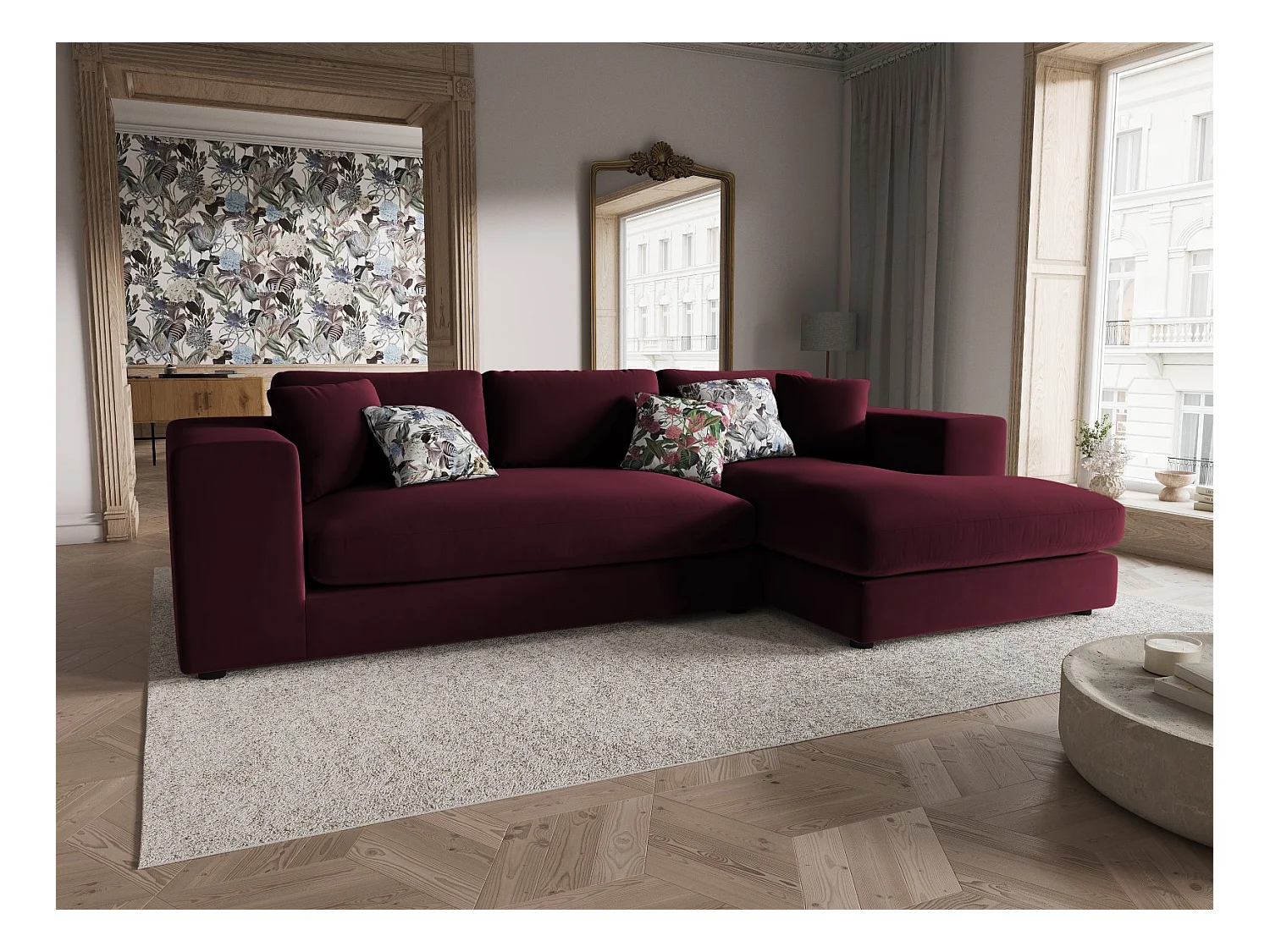 CXL by Christian Lacroix - Rechter hoekbank "Tendance" 5 zitplaatsen, Flueel, Donkerrood - 282x174x72cm