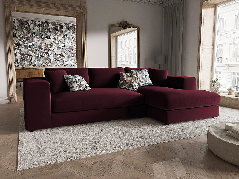 CXL by Christian Lacroix - Sofá de canto direito "Tendance" 5 lugares em veludo vermelho escuro - 282x174x72cm