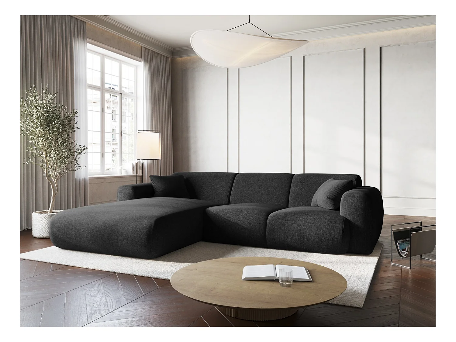 Cosmopolitan Design - Narożnik lewy, "Nolio" 4 miejsca szenil, czarny - 260x170x72cm