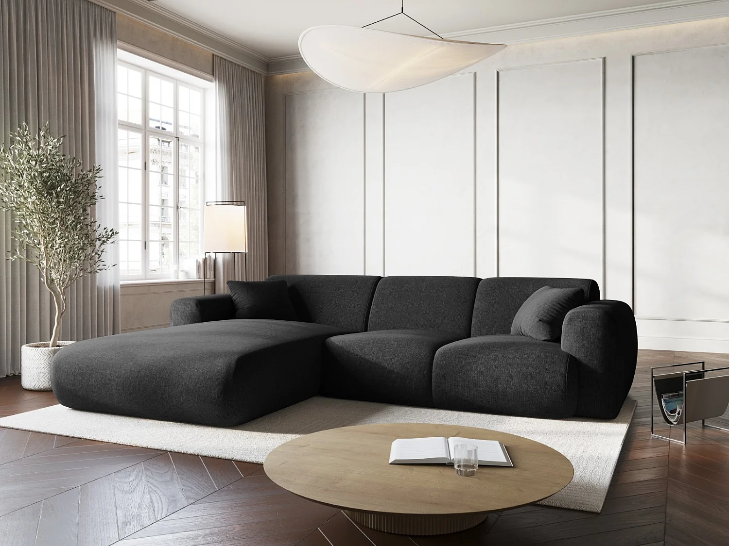 Cosmopolitan Design - Linker hoekbank "Nolio" 4 zitplaatsen, Chenille, Zwart - 260x170x72cm