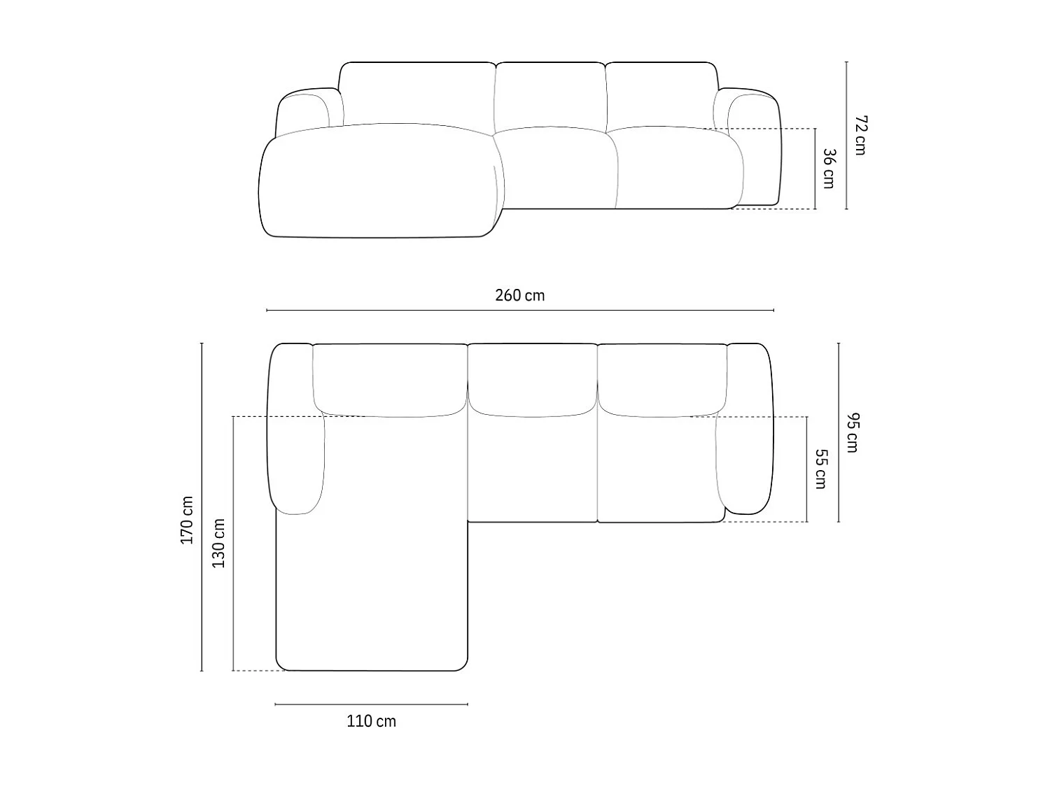 Cosmopolitan Design - Linker hoekbank "Nolio" 4 zitplaatsen, Chenille, Zwart - 260x170x72cm