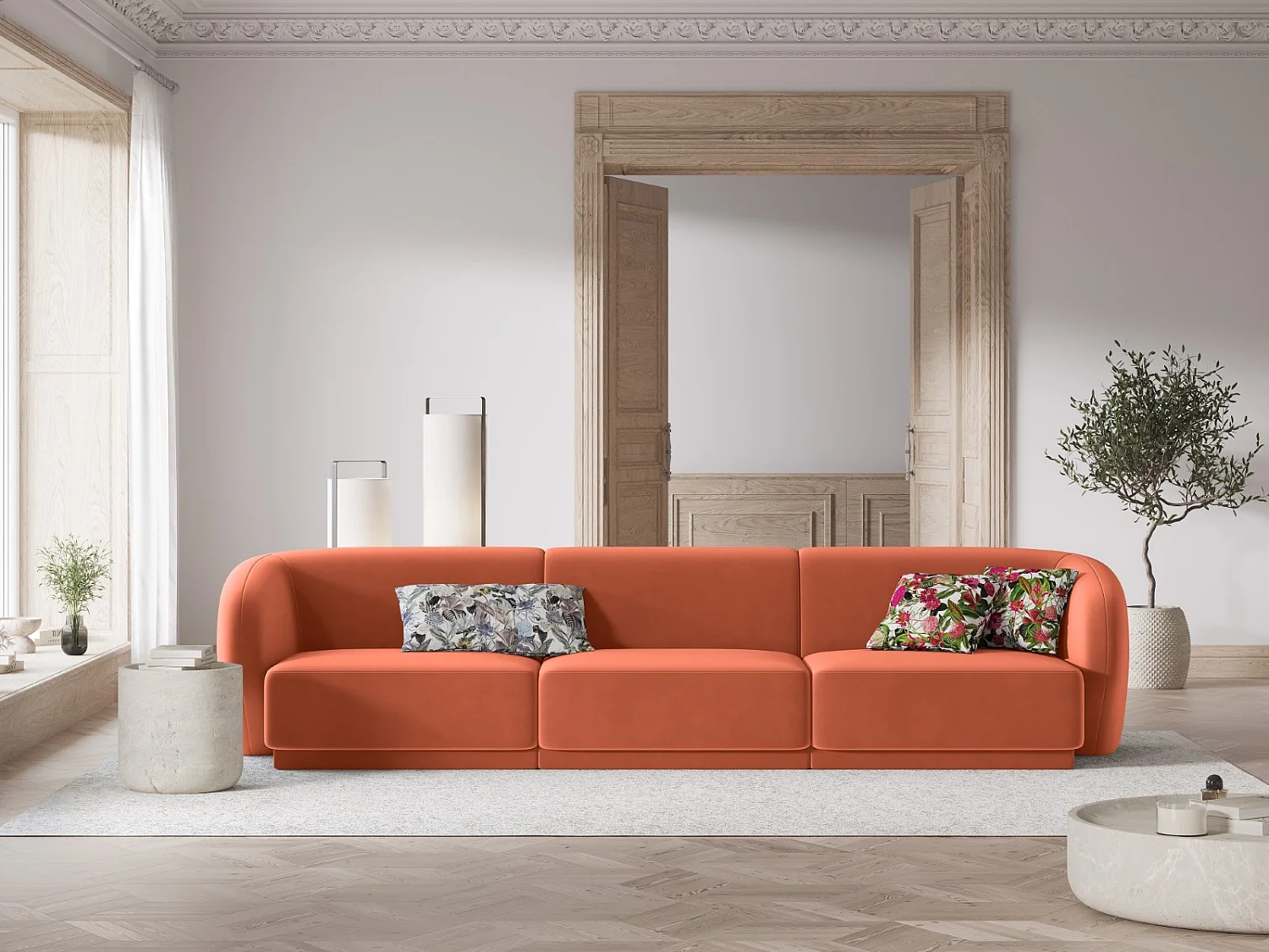 CXL by Christian Lacroix - Canapé modulable "Lionel" 3 places en velours jaune - 266x93x74cm