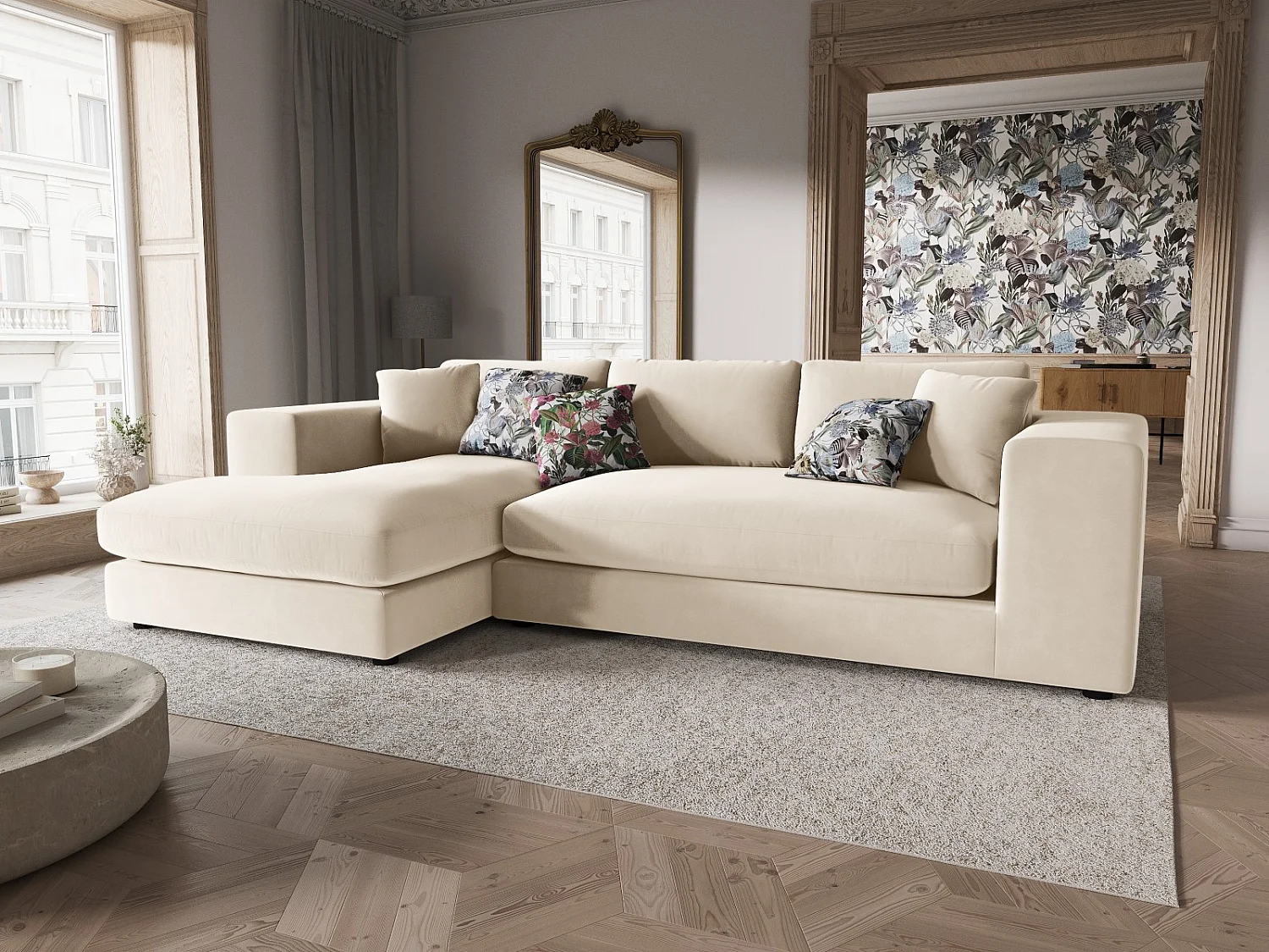 CXL by Christian Lacroix - Linker hoekbank "Tendance" 5 zitplaatsen, Flueel, Beige - 282x174x72cm