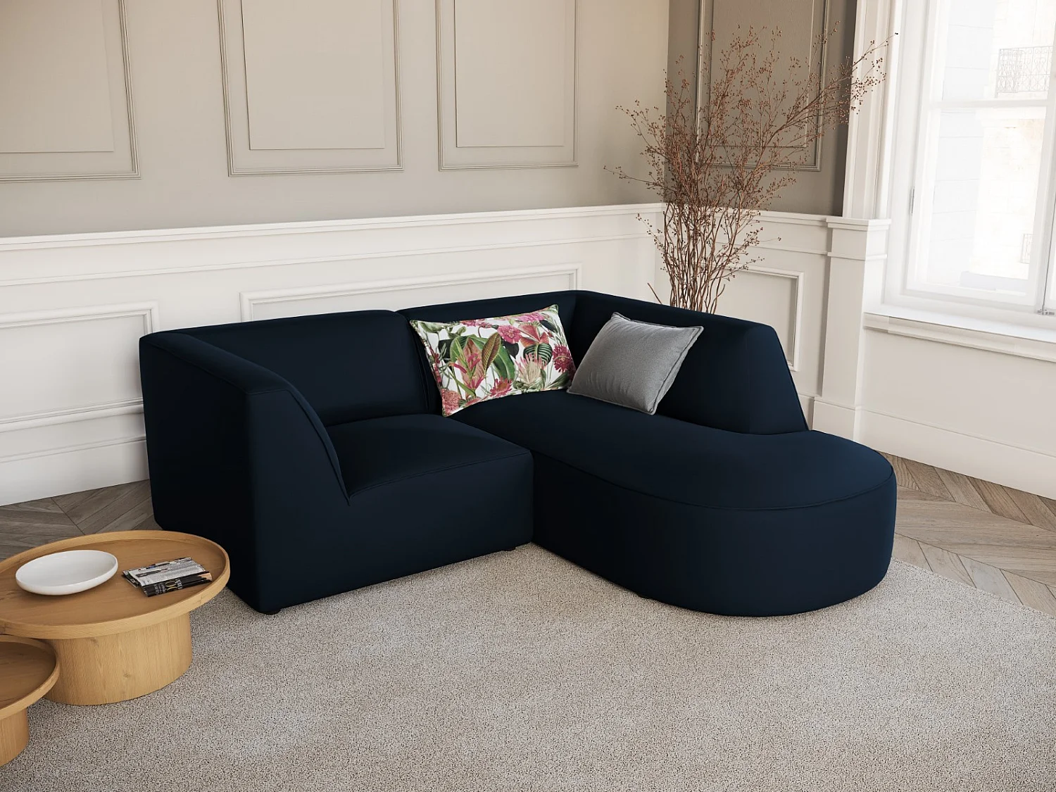 CXL by Christian Lacroix - Rechter hoekbank "Charles" 3 zitplaatsen, Flueel, Donkerblauw - 186x180x69cm