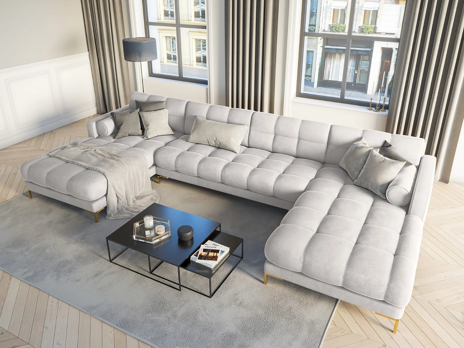 Cosmopolitan Design - Sofá panorâmico "Bali" 7 lugares em veludo prata - 383x185x75cm