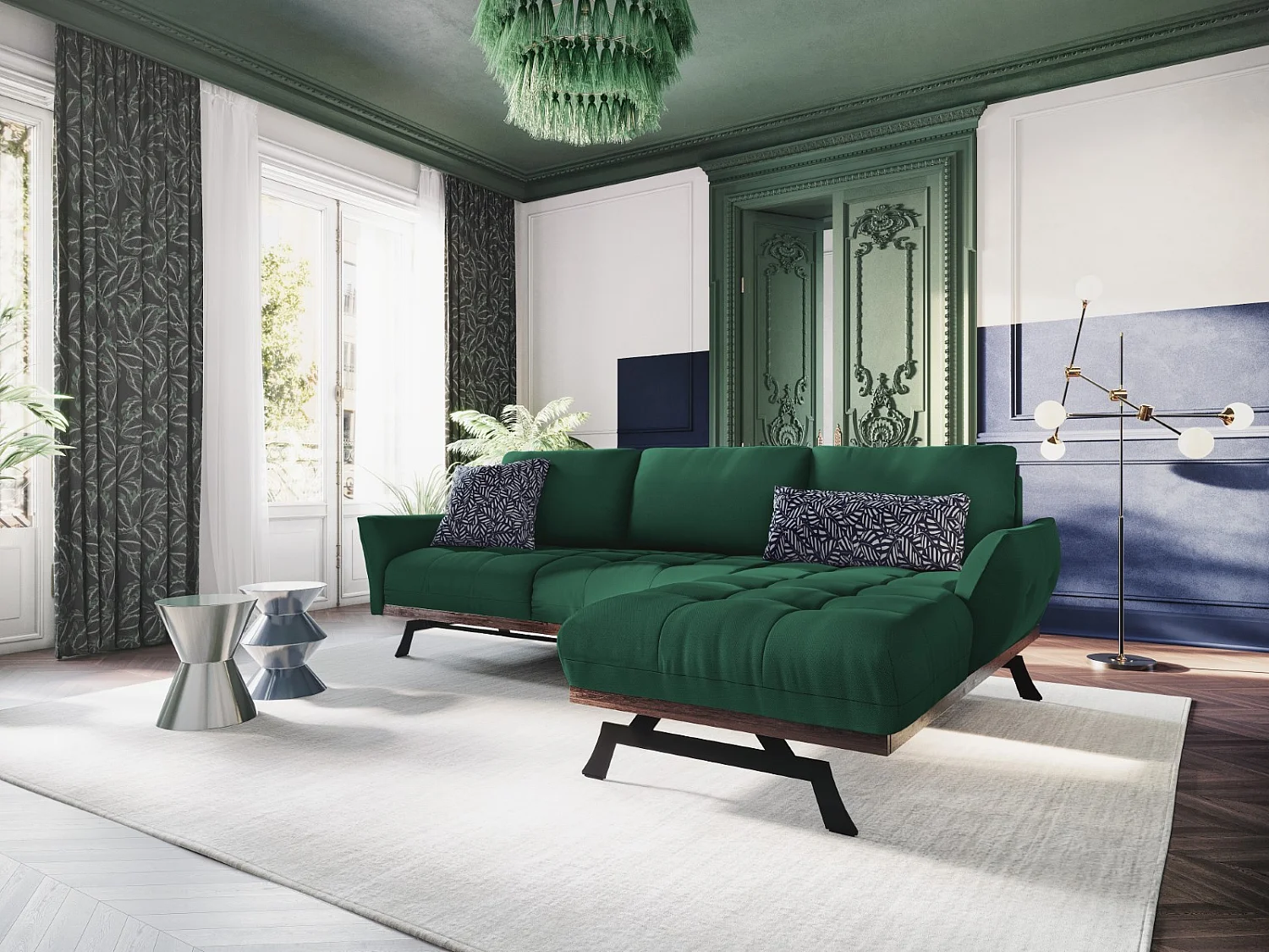 CXL by Christian Lacroix - Canapé d'angle droit modulable "Olivier" 4 places en tissu structurel vert - 264x171x87cm