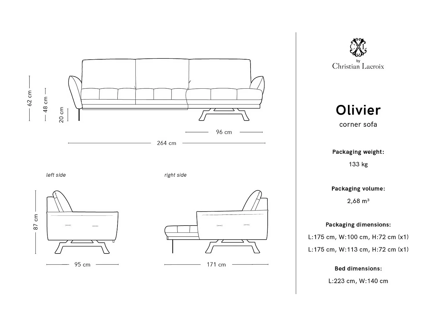 CXL by Christian Lacroix - Canapé d'angle droit modulable "Olivier" 4 places en tissu structurel vert - 264x171x87cm