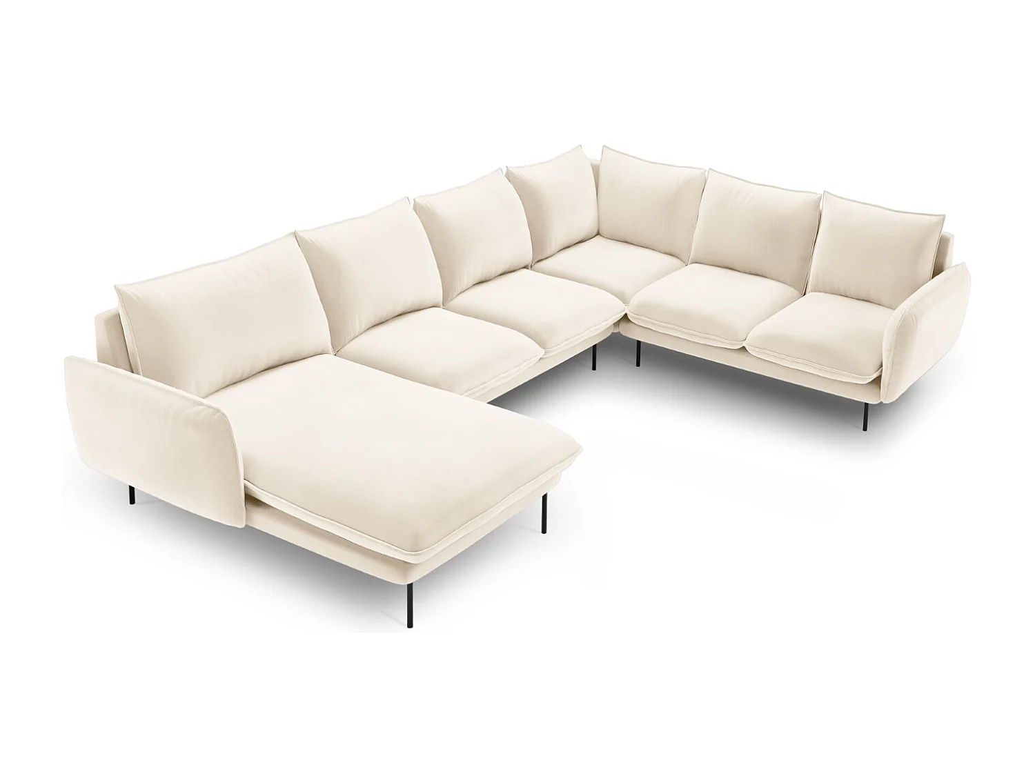 Cosmopolitan Design - Divano panoramico destro "Vienna" 7 posti in velluto beige chiaro - 330x235x95cm