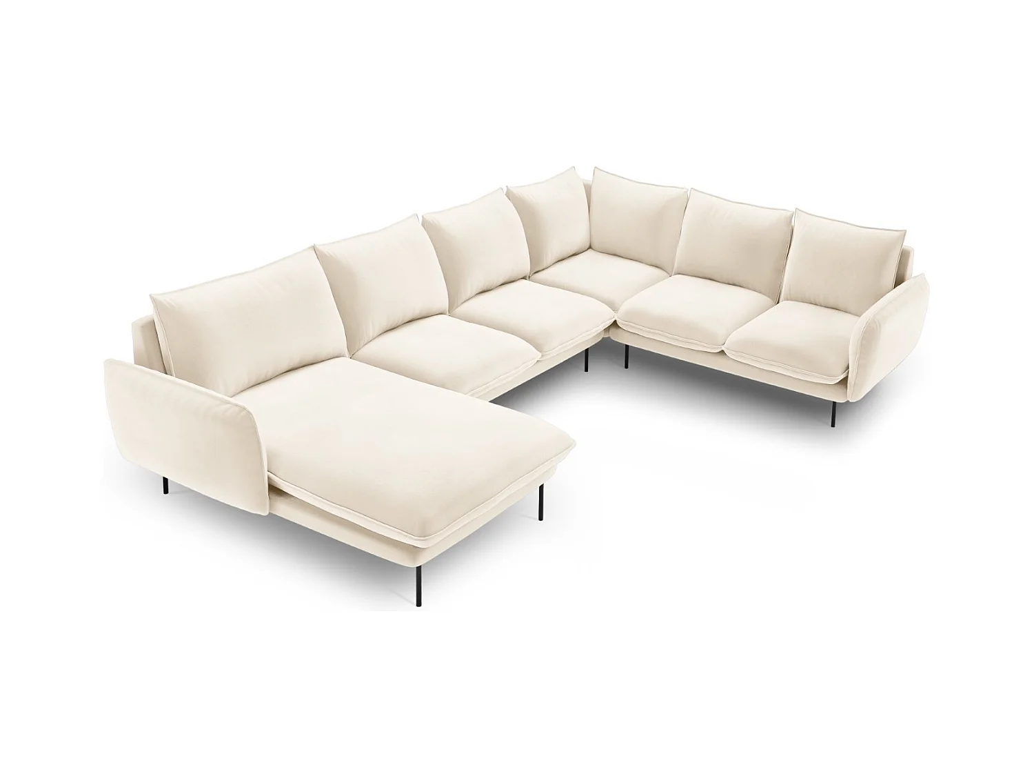 Cosmopolitan Design - Sofá de canto direito panorâmico "Vienna" 7 lugares em veludo bege claro - 330x235x95cm