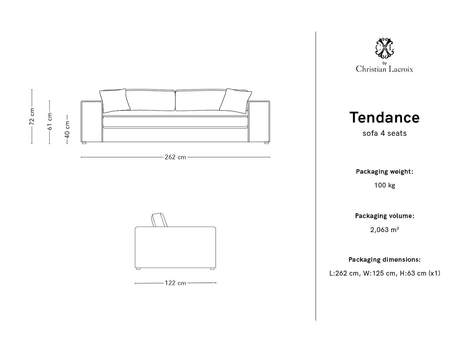 CXL by Christian Lacroix - Sofá "Tendance" 4 plazas de pana gris claro - 262x122x72cm