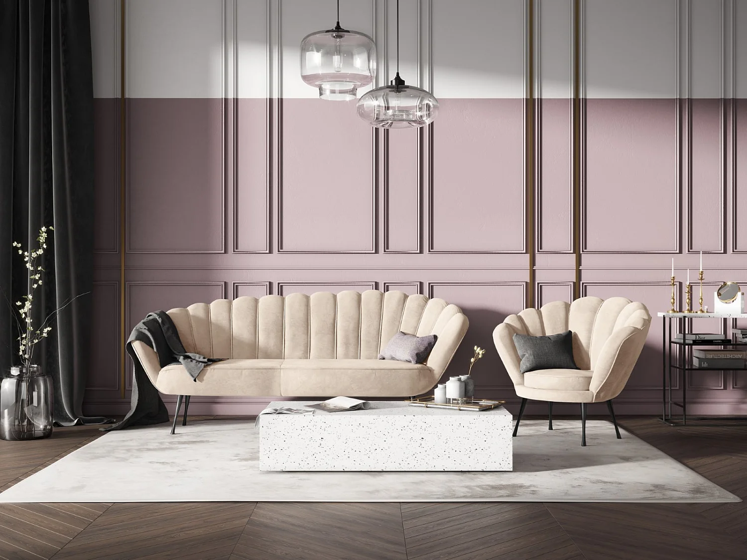 Cosmopolitan Design - 3-Sitzer Sofa "Kingston" aus Samt leichtes beige - 224x95x85cm