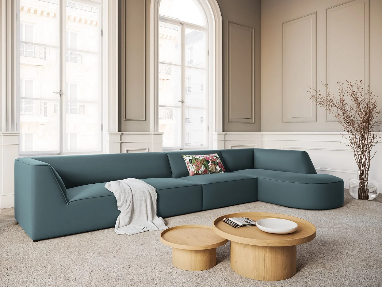 CXL by Christian Lacroix - Sofá de canto direito "Charles" 5 lugares em veludo azul - 366x180x69cm