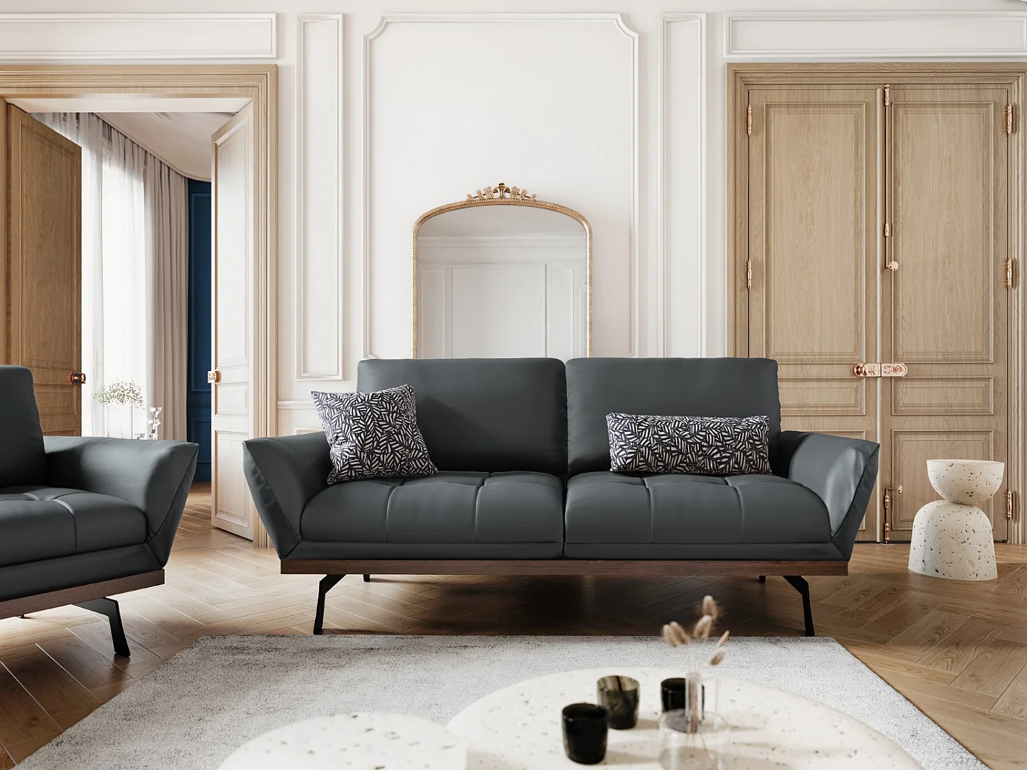 CXL by Christian Lacroix - Bank "Olivier" 3 zitplaatsen, Echt leer, Blauw Grijs - 188x95x87cm