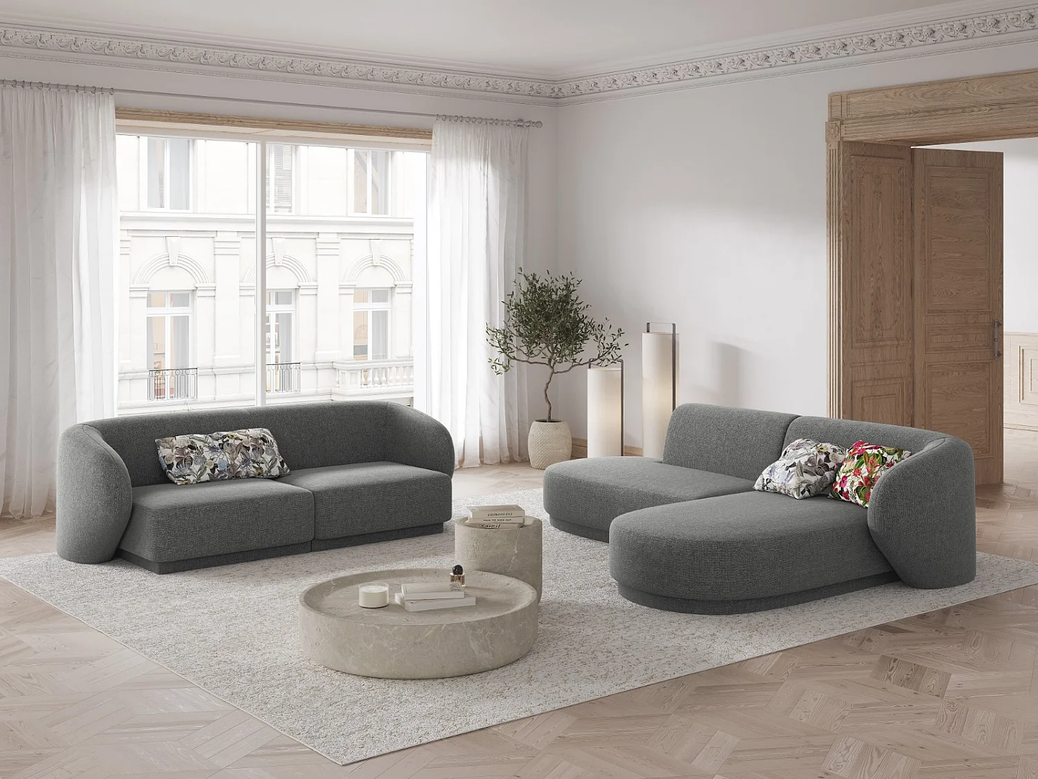 CXL by Christian Lacroix - Canapé d'angle droit modulable "Lionel" 4 places en chenille gris foncé mélange - 233x155x74cm