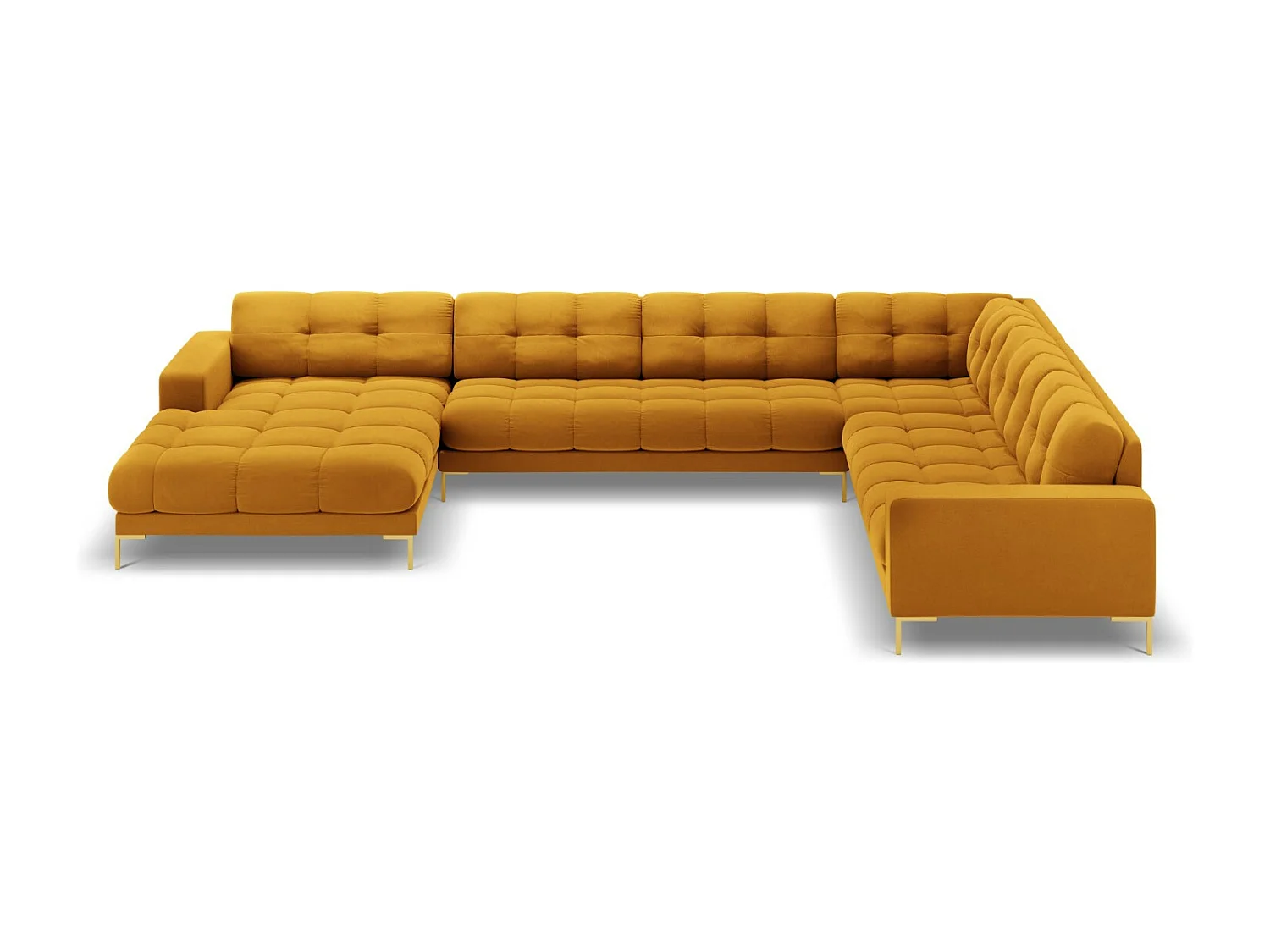 Cosmopolitan Design - Sofá de canto direito panorâmico "Bali" 7 lugares em veludo amarelo - 327x256x75cm
