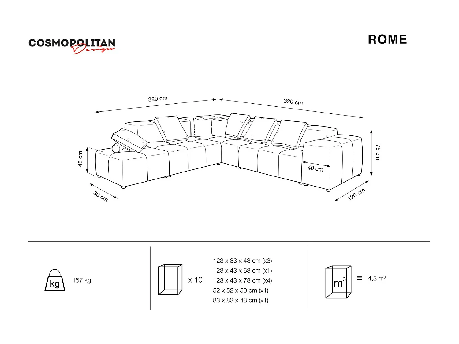 Cosmopolitan Design - Sofá de canto modular simétrico "Rome" 7 lugares em tecido estrutural azul escuro - 320x320x75cm