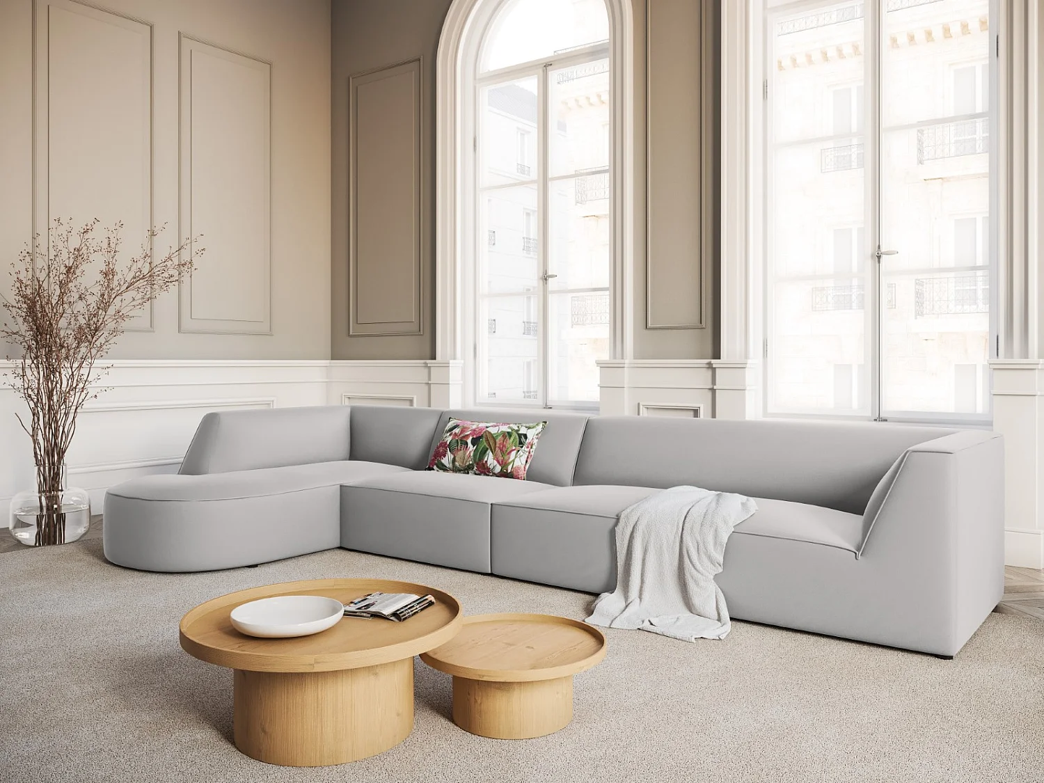 CXL by Christian Lacroix - Sofá de canto esquerdo "Charles" 5 lugares em veludo cinza claro - 366x180x69cm