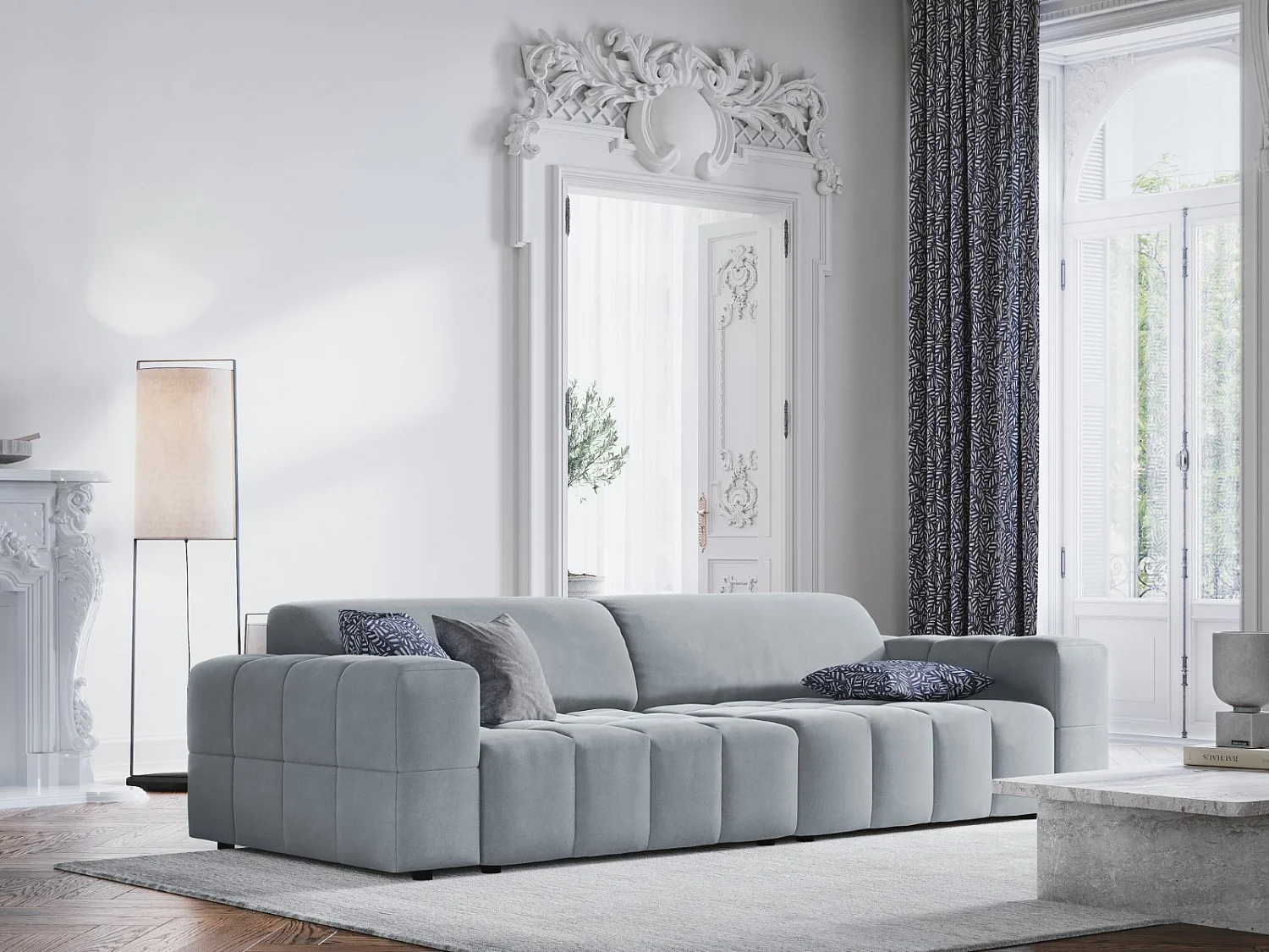 CXL by Christian Lacroix - Bank "Luc" 4 zitplaatsen, Flueel, Lichtblauw - 244x102x70cm