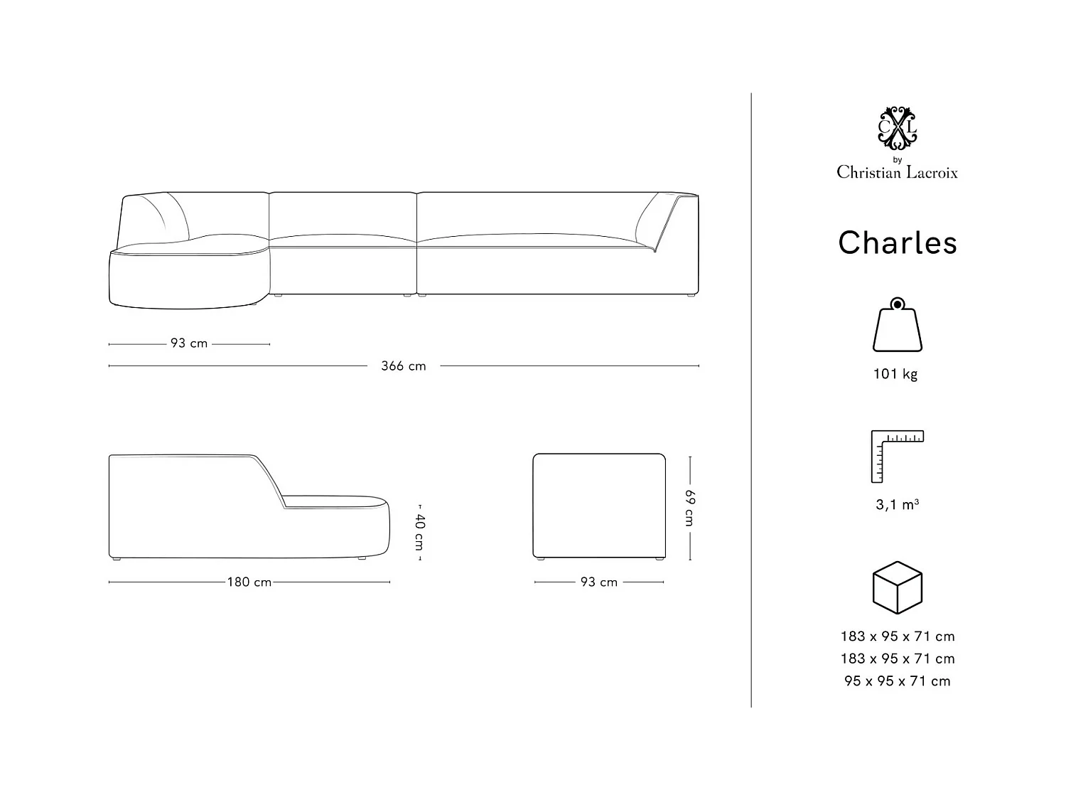 CXL by Christian Lacroix - Canapé d'angle gauche "Charles" 5 places en velours motif de jardin bleu clair,gris clair - 366x180x69cm