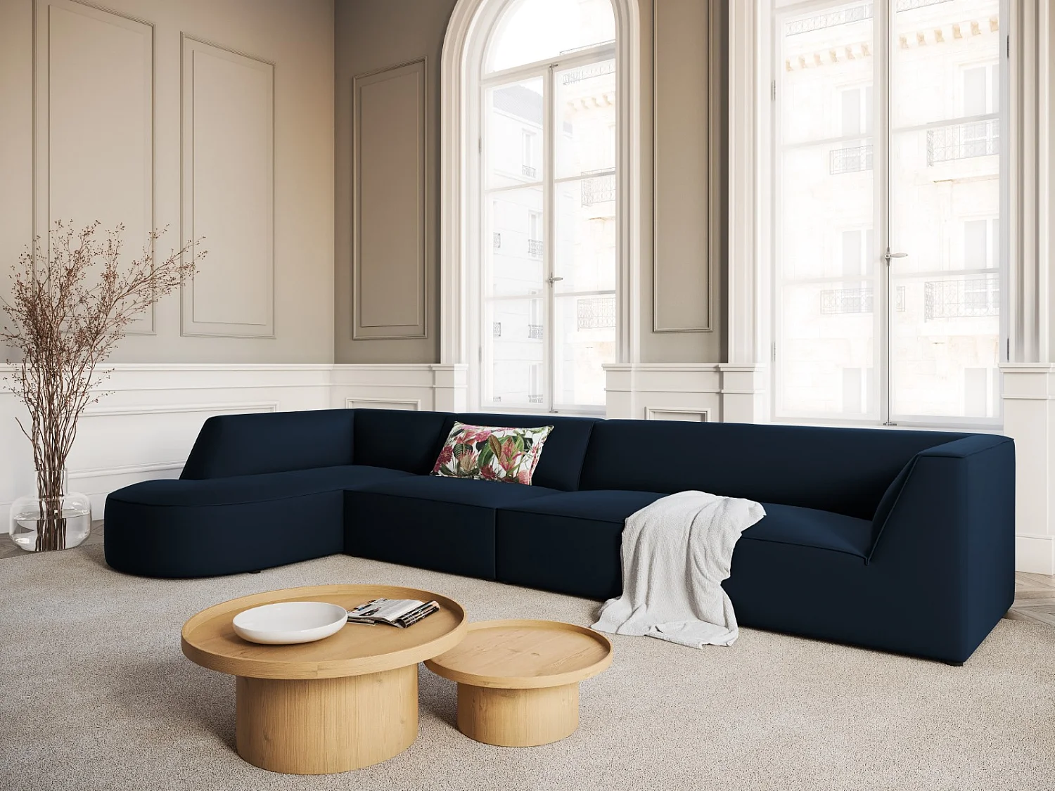 CXL by Christian Lacroix - Linker hoekbank "Charles" 5 zitplaatsen, Flueel, Donkerblauw - 366x180x69cm