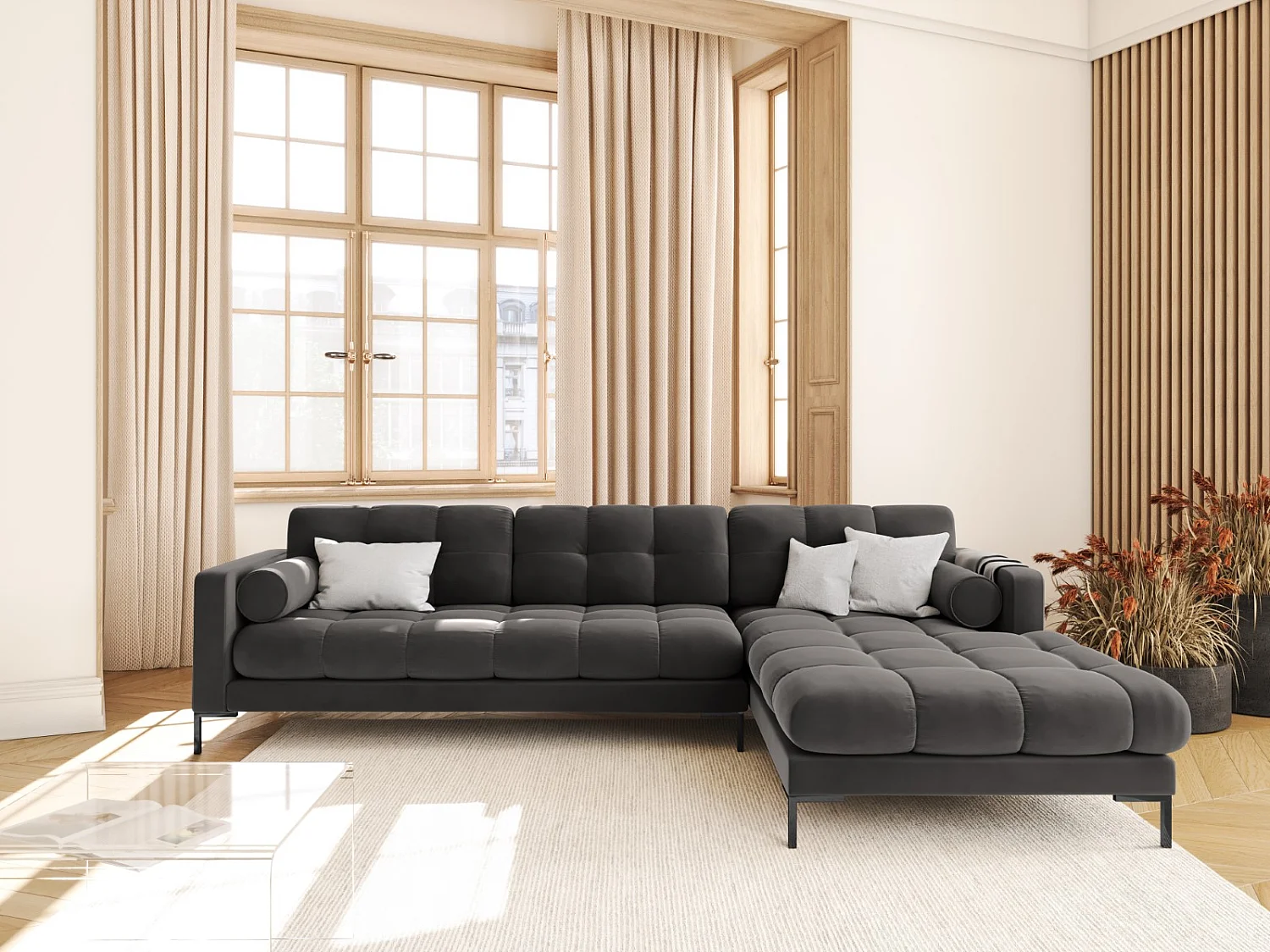 Cosmopolitan Design - Canapé d'angle droit "Bali" 5 places en velours gris foncé - 293x185x75cm