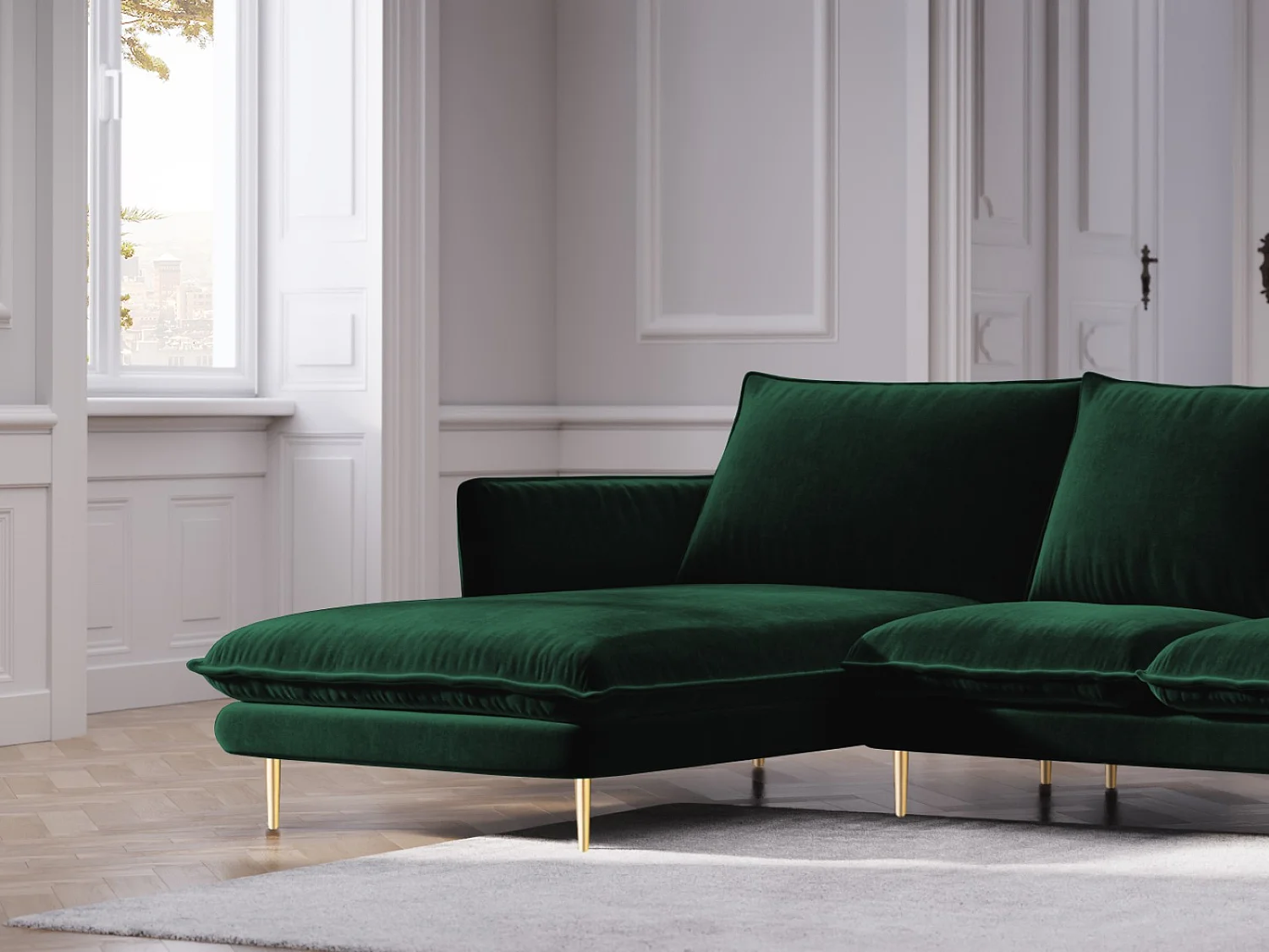 Cosmopolitan Design - Canapé d'angle gauche "Vienna" 5 places en velours vert bouteille - 255x170x95cm