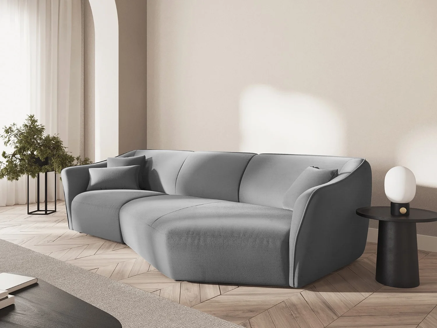 Cosmopolitan Design - Divano angolare modulare destro "Tokyo" 5 posti in velluto grigio chiaro - 292x138x79cm