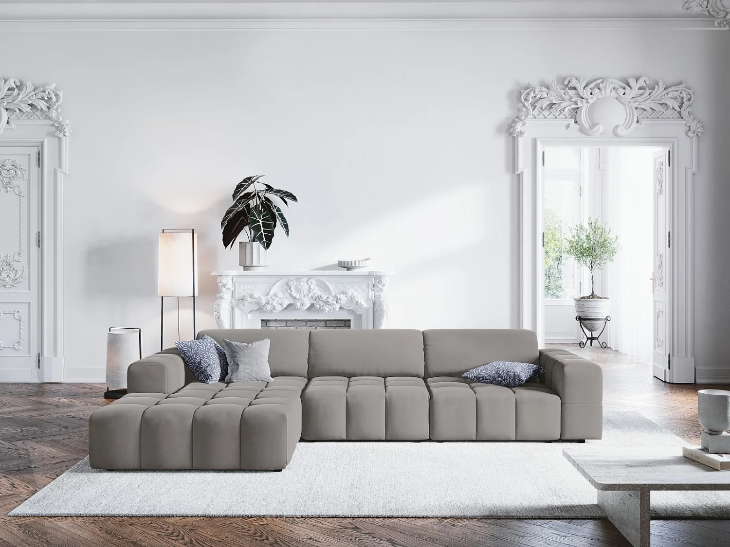 CXL by Christian Lacroix - Sofá esquinero izquierdo "Luc" 4 plazas de terciopelo gris claro - 284x166x70cm