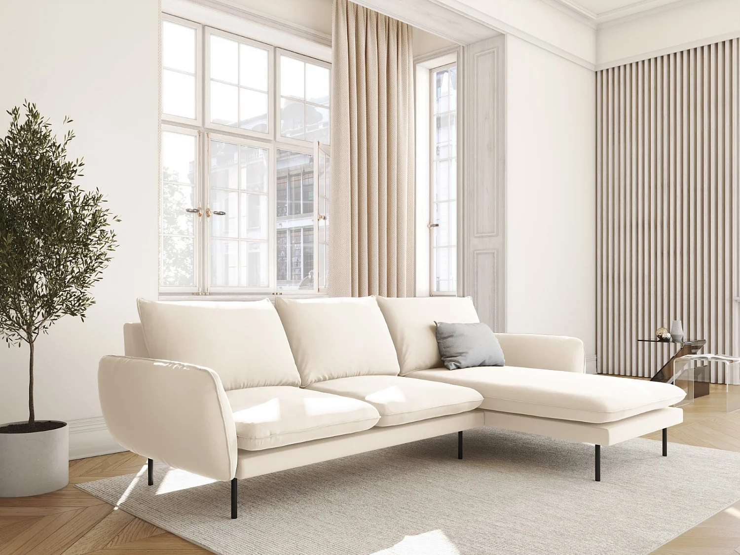 Cosmopolitan Design - Rechter hoekbank "Vienna" 5 zitplaatsen, Flueel, Lichtbeige - 255x170x95cm
