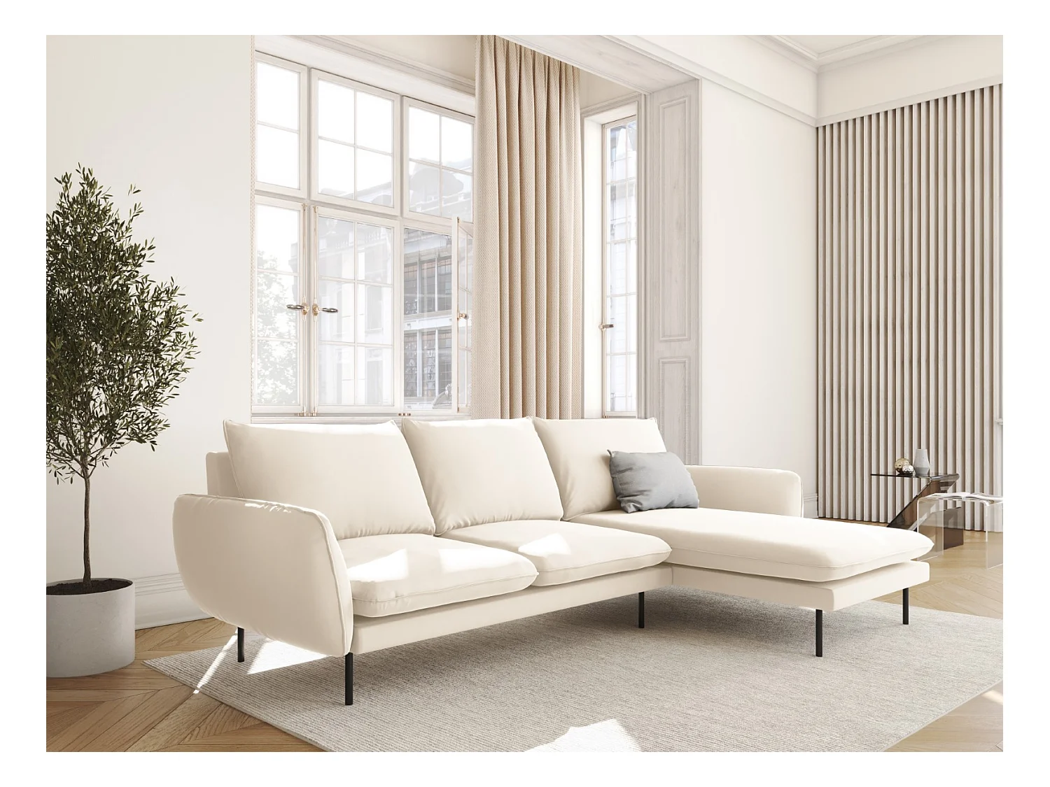 Cosmopolitan Design - Canapé d'angle droit "Vienna" 5 places en velours beige clair - 255x170x95cm