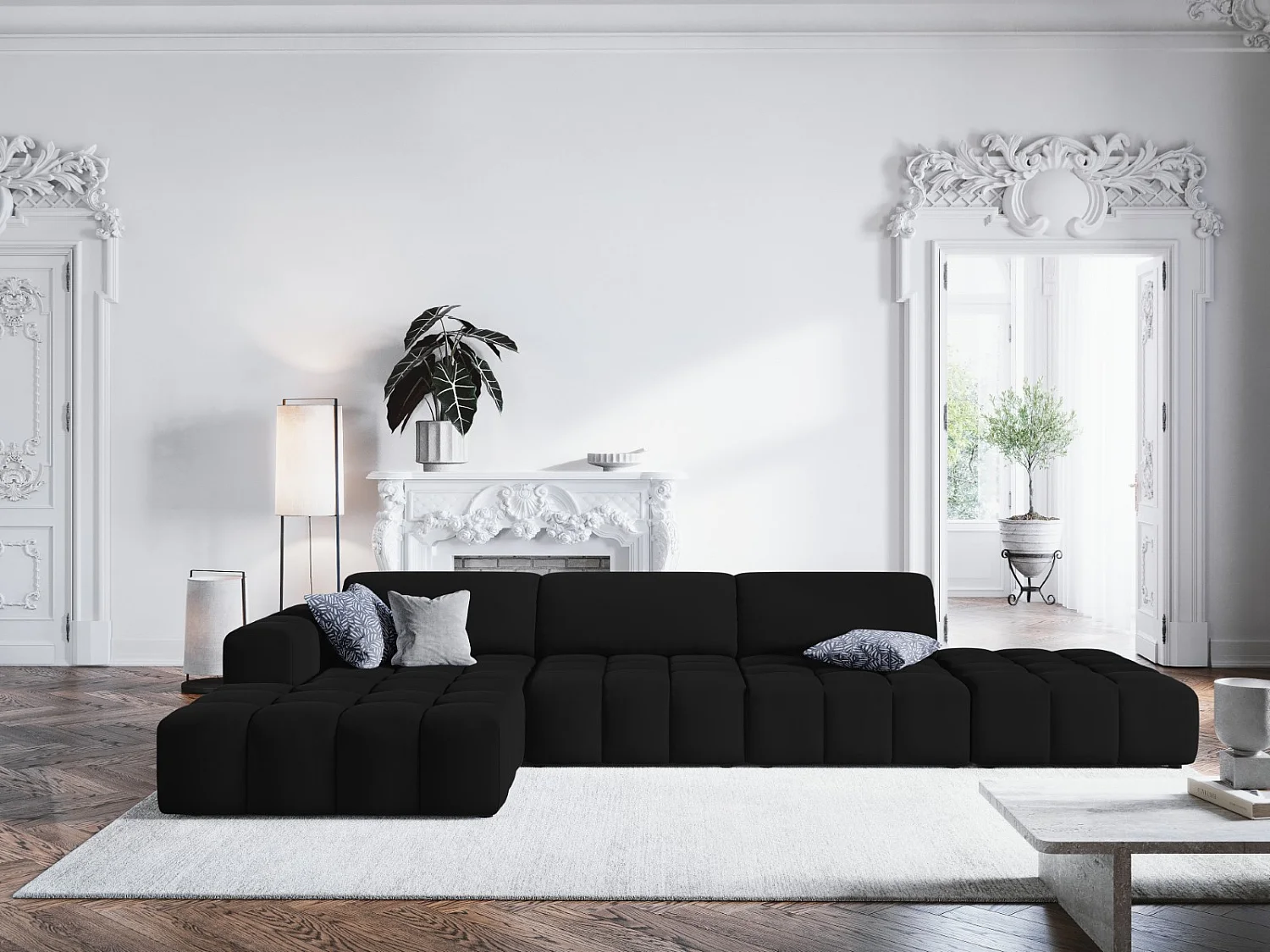 CXL by Christian Lacroix - Linker hoekbank "Luc" 5 zitplaatsen, Flueel, Zwart - 341x166x70cm