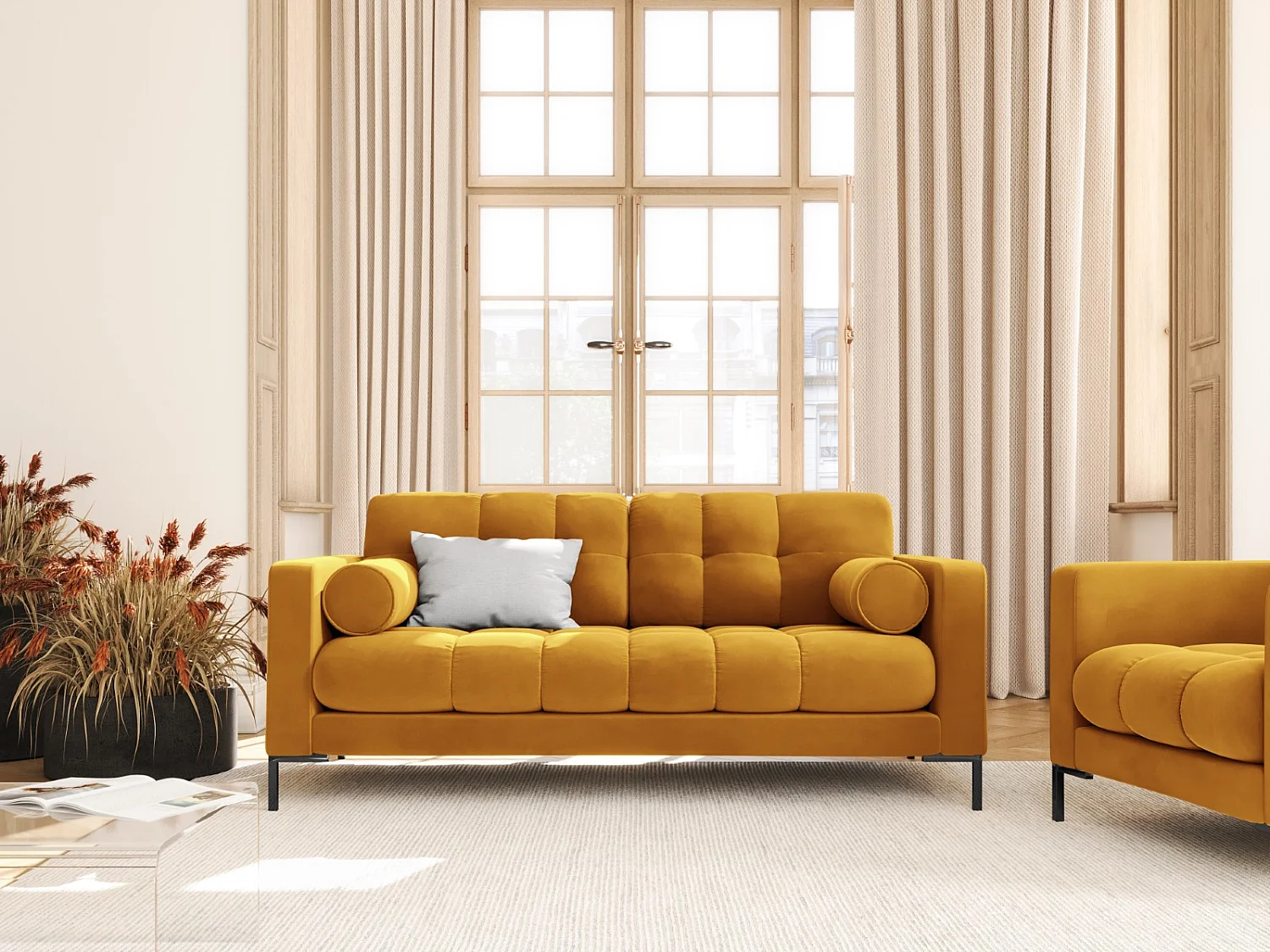 Cosmopolitan Design - Sofá "Bali" 2 plazas de terciopelo amarillo - 152x92x75cm