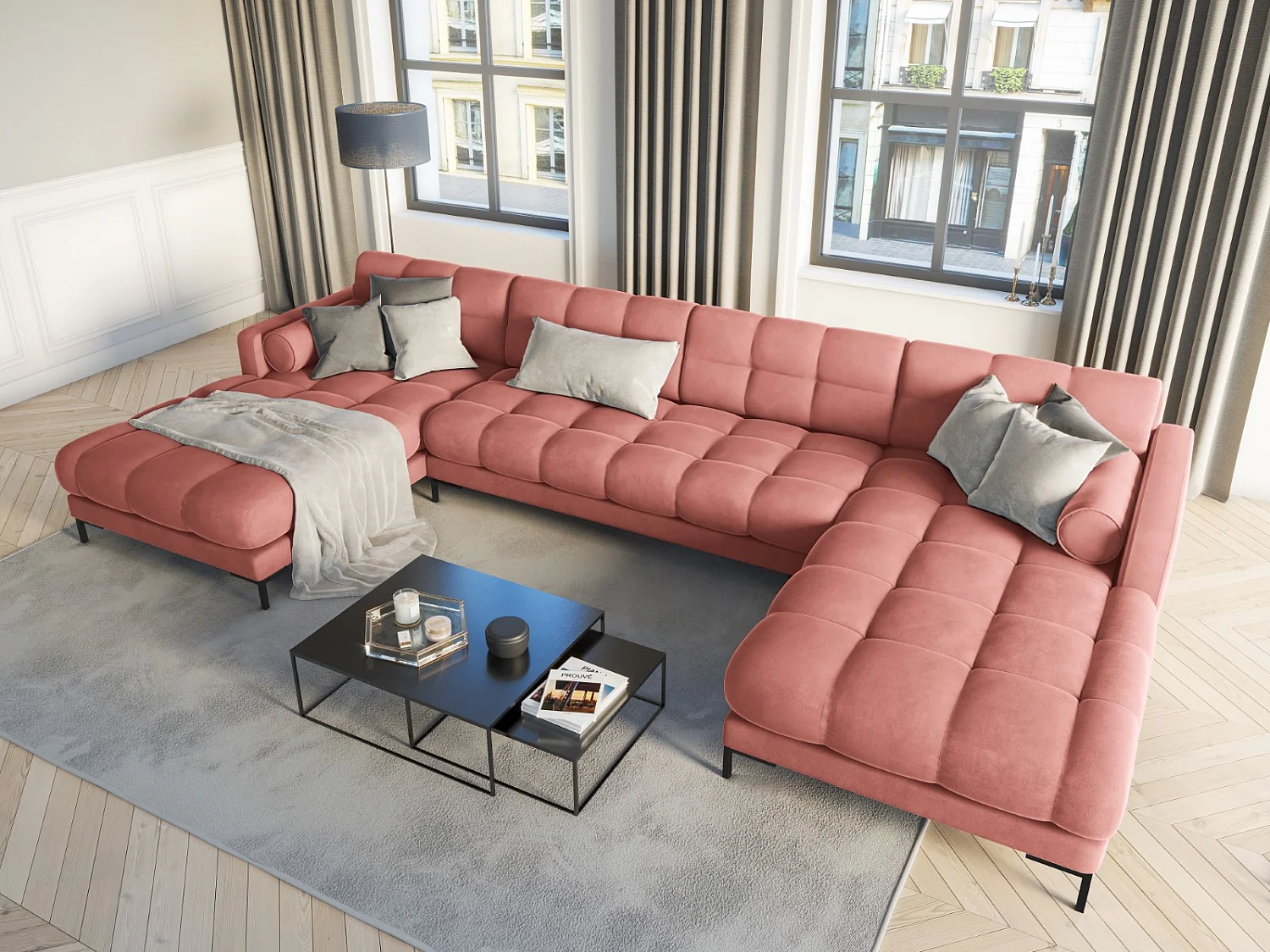 Cosmopolitan Design - Sofá panorâmico "Bali" 7 lugares em veludo rosa - 383x185x75cm