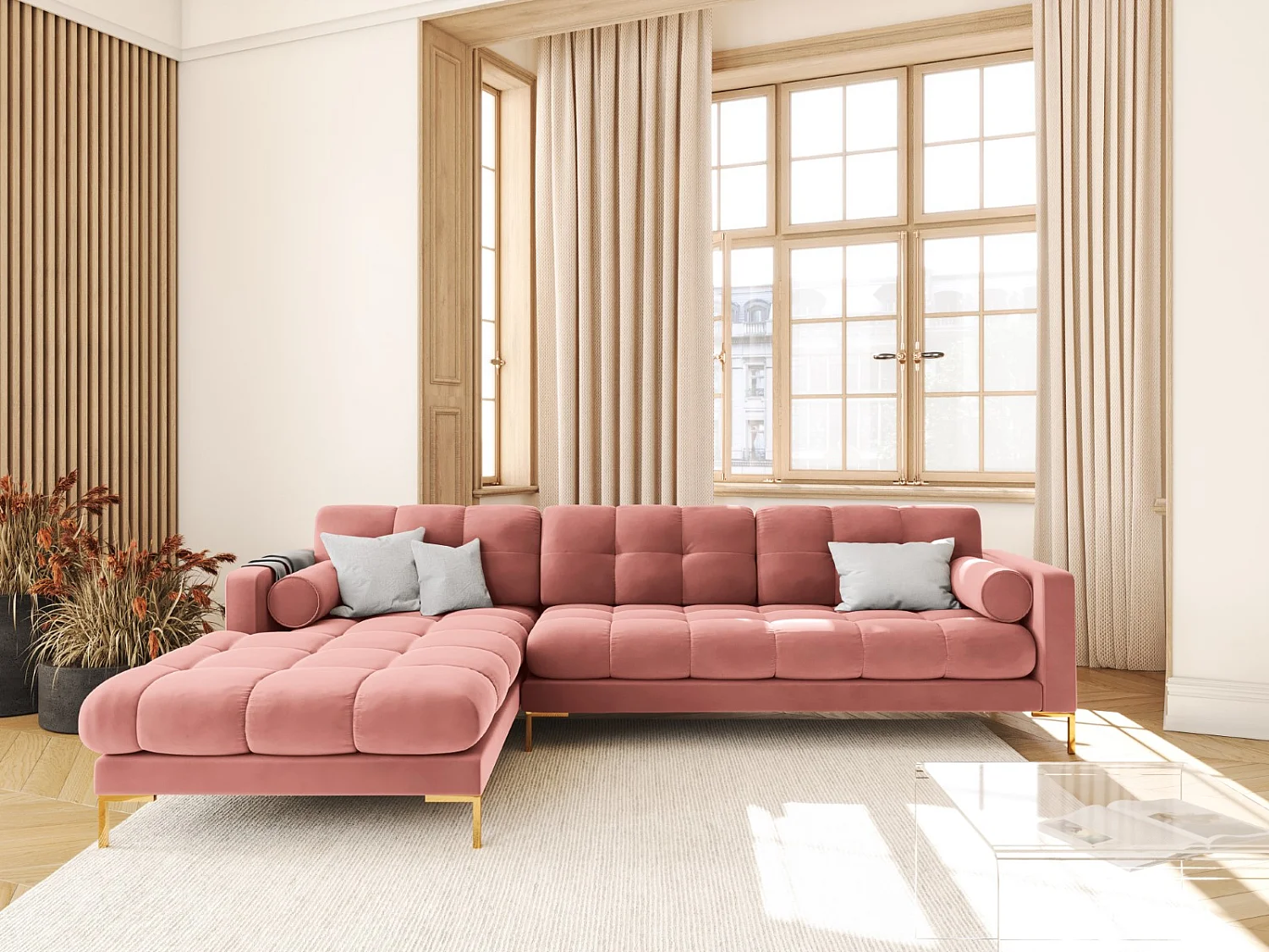 Cosmopolitan Design - 5-Sitzer Ecksofa links "Bali" aus Samt rosa - 293x185x75cm