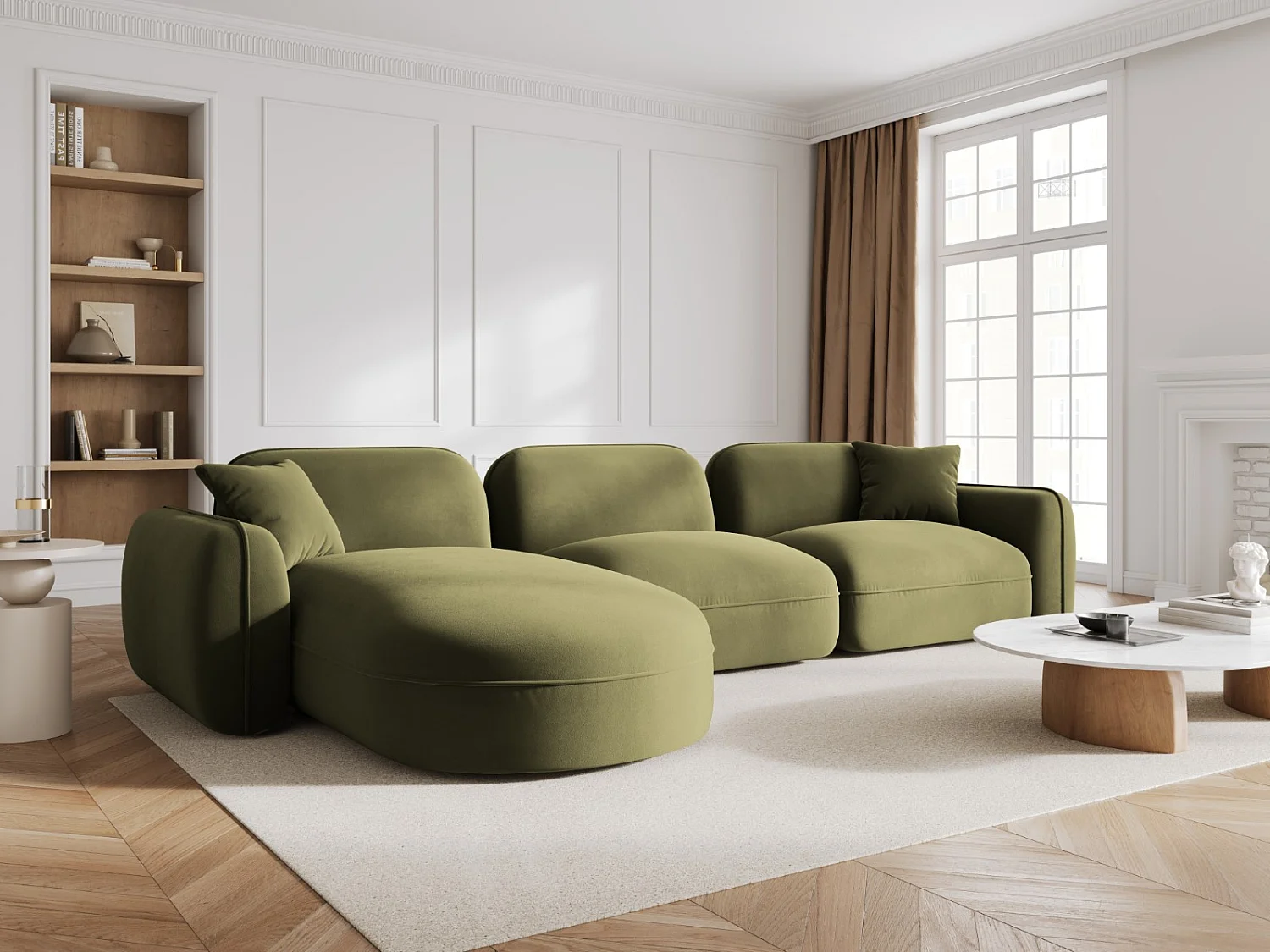 CXL by Christian Lacroix - Canapé d'angle gauche modulable "Lucien" 4 places en velours vert clair - 320x165x70cm