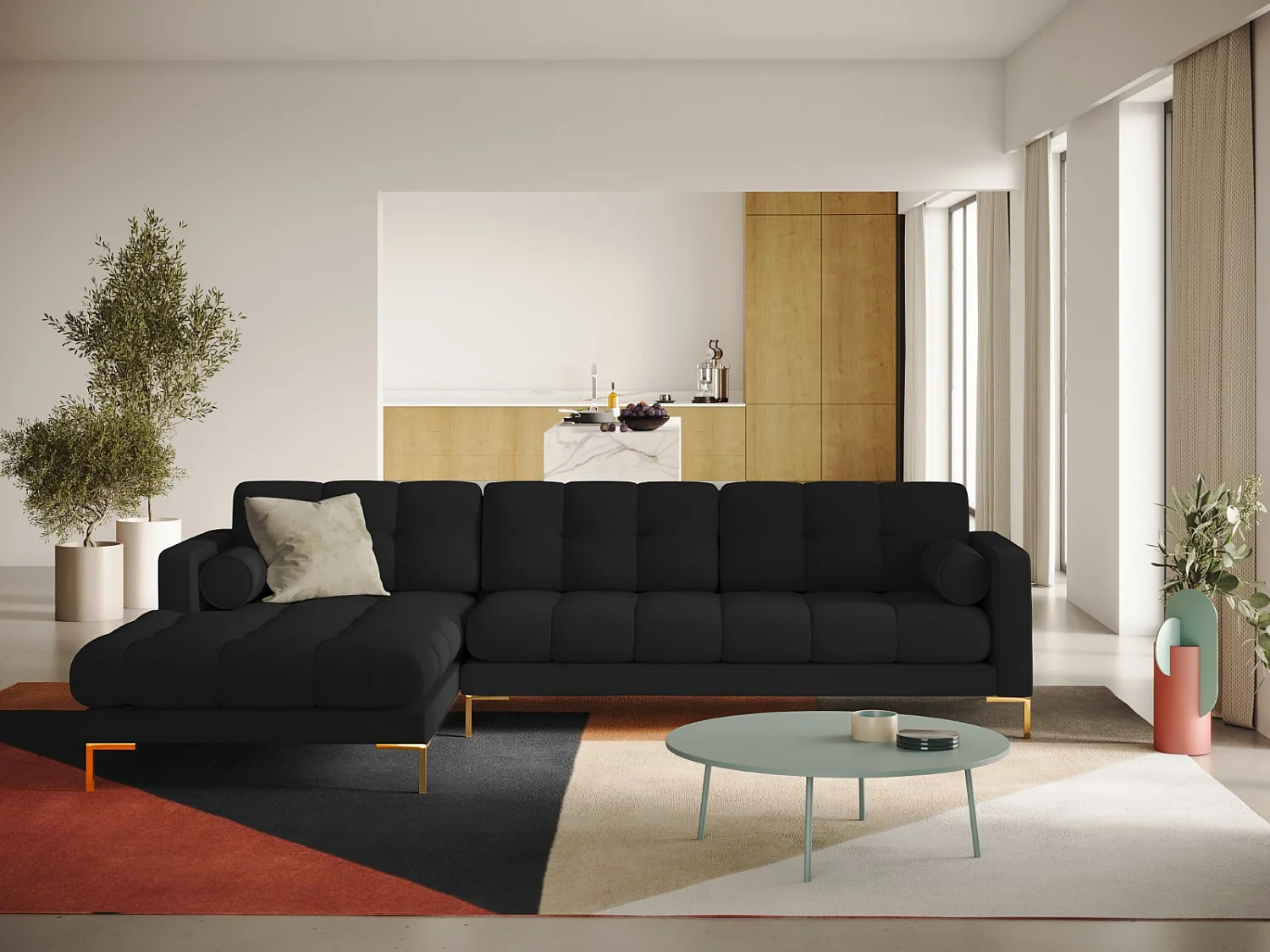 Cosmopolitan Design - 5-Sitzer Ecksofa links "Bali" aus strukturiertem Stoff schwarz - 293x185x75cm