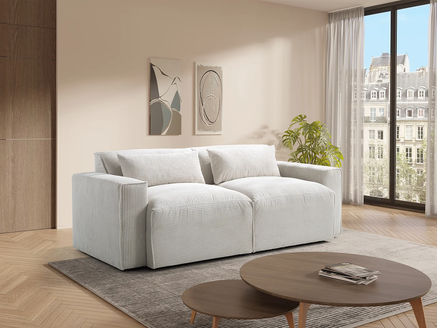 Canapé 3 places en velours côtelé beige VELINOR